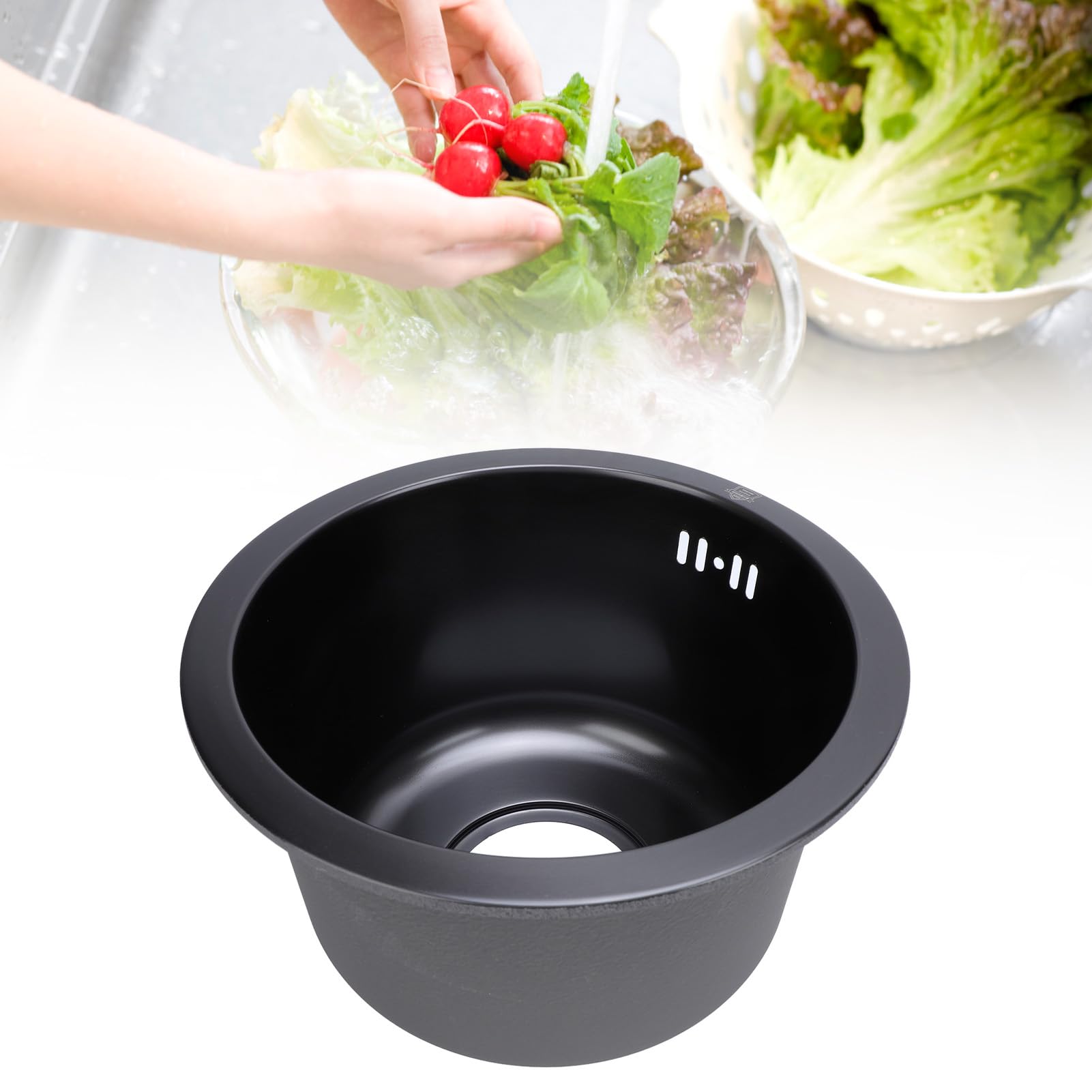 Zlewozmywak kuchenny Dermount 304 Okrągły design ze stali nierdzewnej - średnica 28 cm z sitkiem, Eleg H (szczotkowany) (Nano Black)