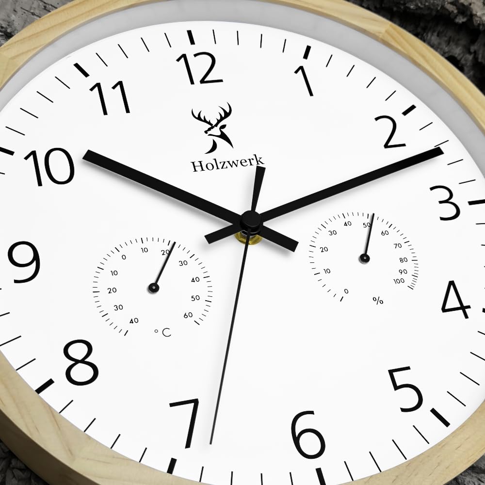 Holzwerk MEERSBURG Orologio da parete con indicatore di temperatura e igrometro Umidità Orologio in legno, movimento silenzioso, senza ticchettio, marrone faggio bianco, silenzioso, legno massello