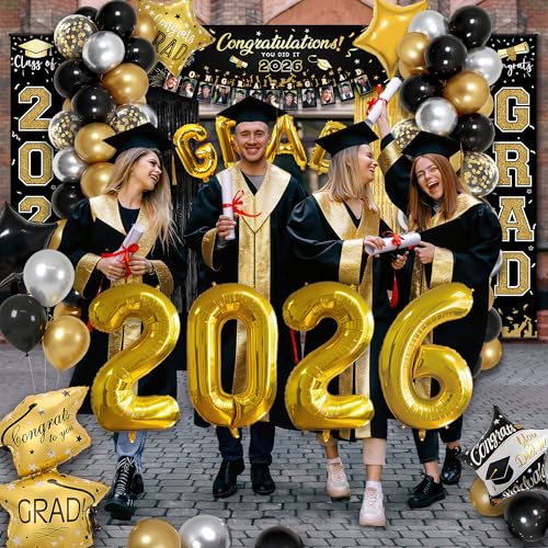 Image of Party Spot!125 PCS Black and Gold Graduation Party Decorations, 2026 Graduation Party Decorations, Class of 2026,Comgrats Grad Photo Banners, Tablecloth, Balloons, Cake Toppers