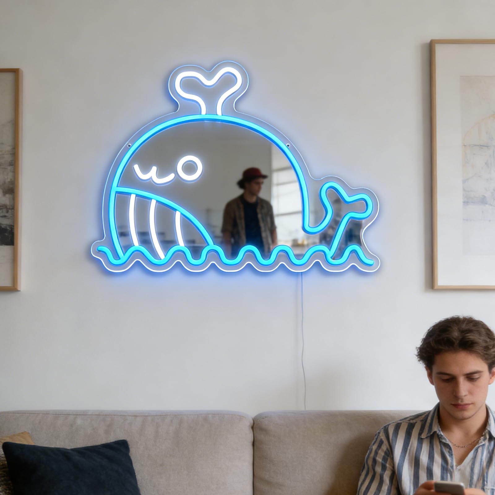 Dreamy Whale Shape USB Mirror LED neonowy znak, wisząca dekoracja pokoju dziecięcego o tematyce oceanu, miękka lampka nocna, kreatywna lampa nastrojowa do salonu/sypialni, prezent i dekoracja (biały +