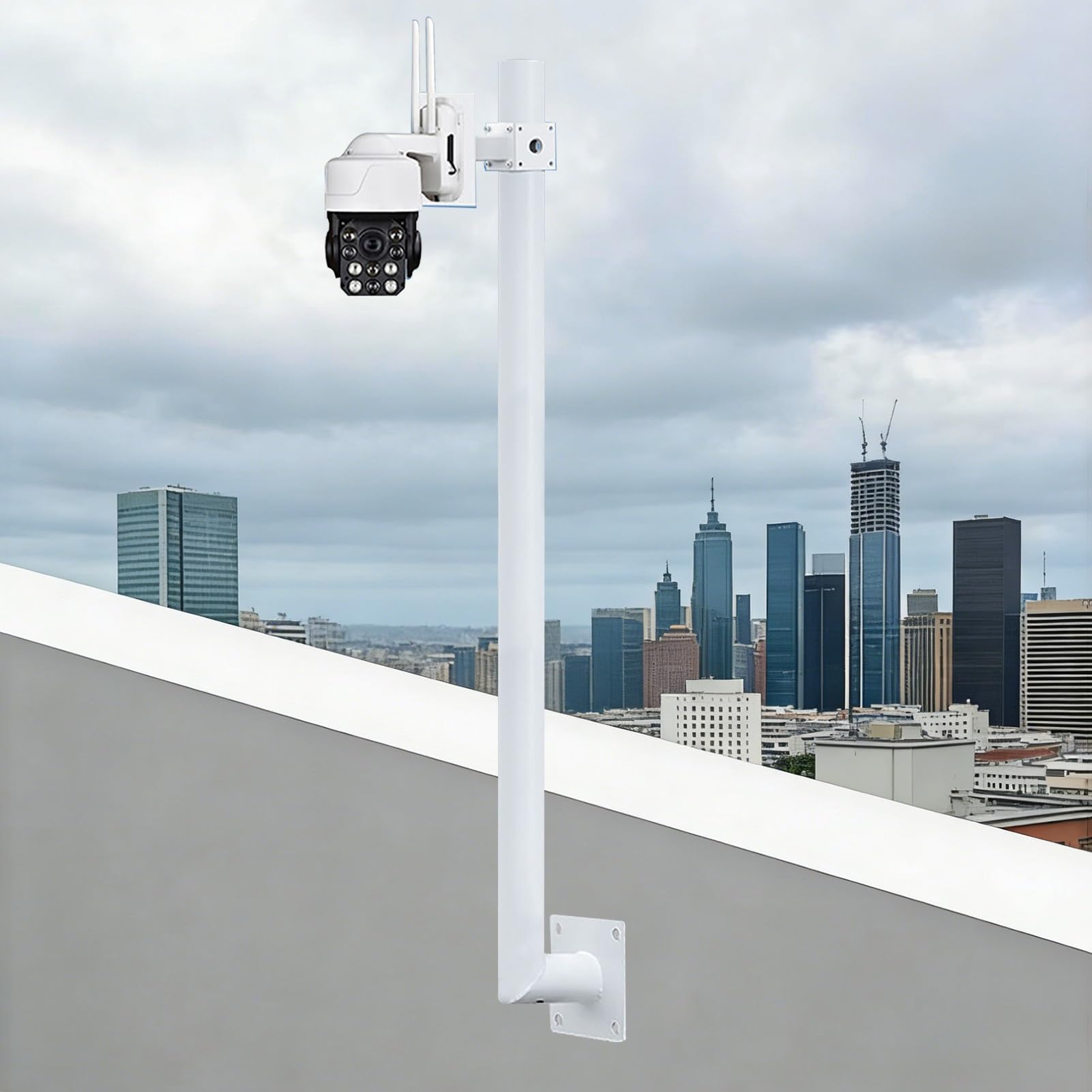 Outdoor CCTV Security Camera Pole Drilled, Galvanized Steel Dome/Gun Cameras Column With Cross Arm, Wall-mounted Surveillance Stand System(2m (6.56ft))
