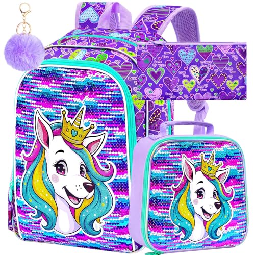Image of 3Pcs Dog Backpack for Girls, 16 inch Sequin Bookbag Set for Kids, Elementary Preschool Preschool School Backpacks with Lunch Box (Purple)