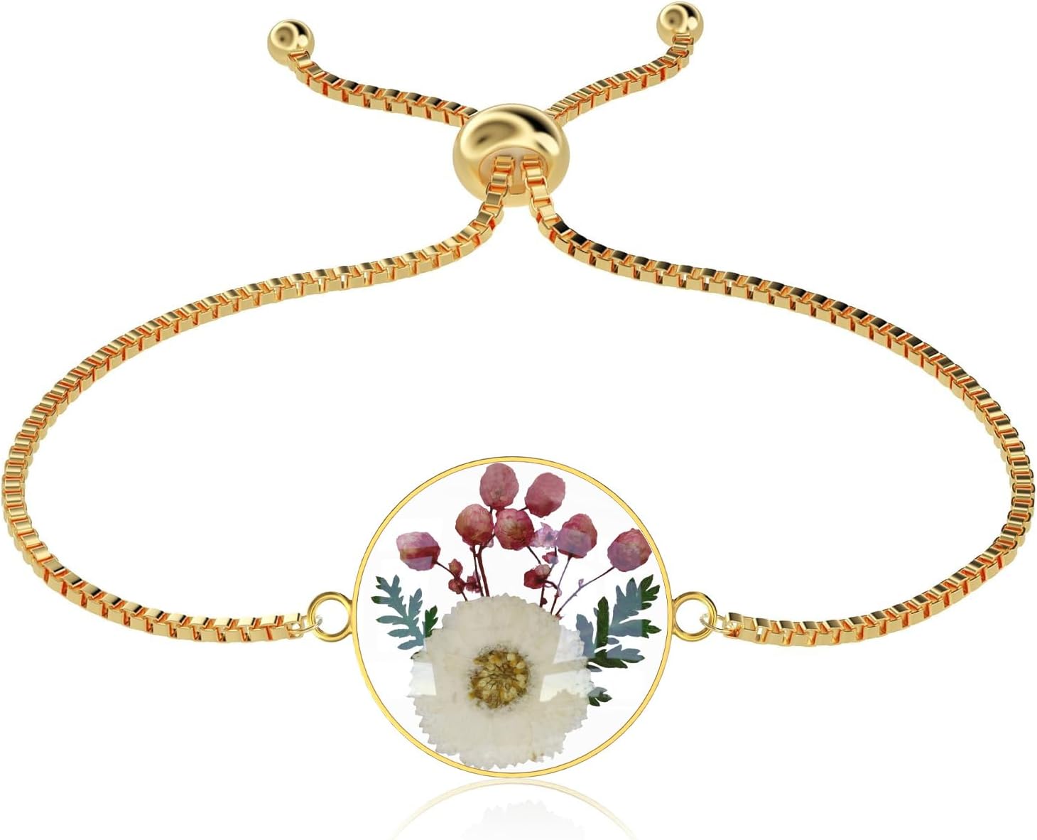 Natural Daisy and Sweet Alyssum Pressed Wildflower Bracelet, Personalized Handmade Bracelet, Real Wildflowers Bracelet, April Birth Flower Daisy Gold Pressed Flower