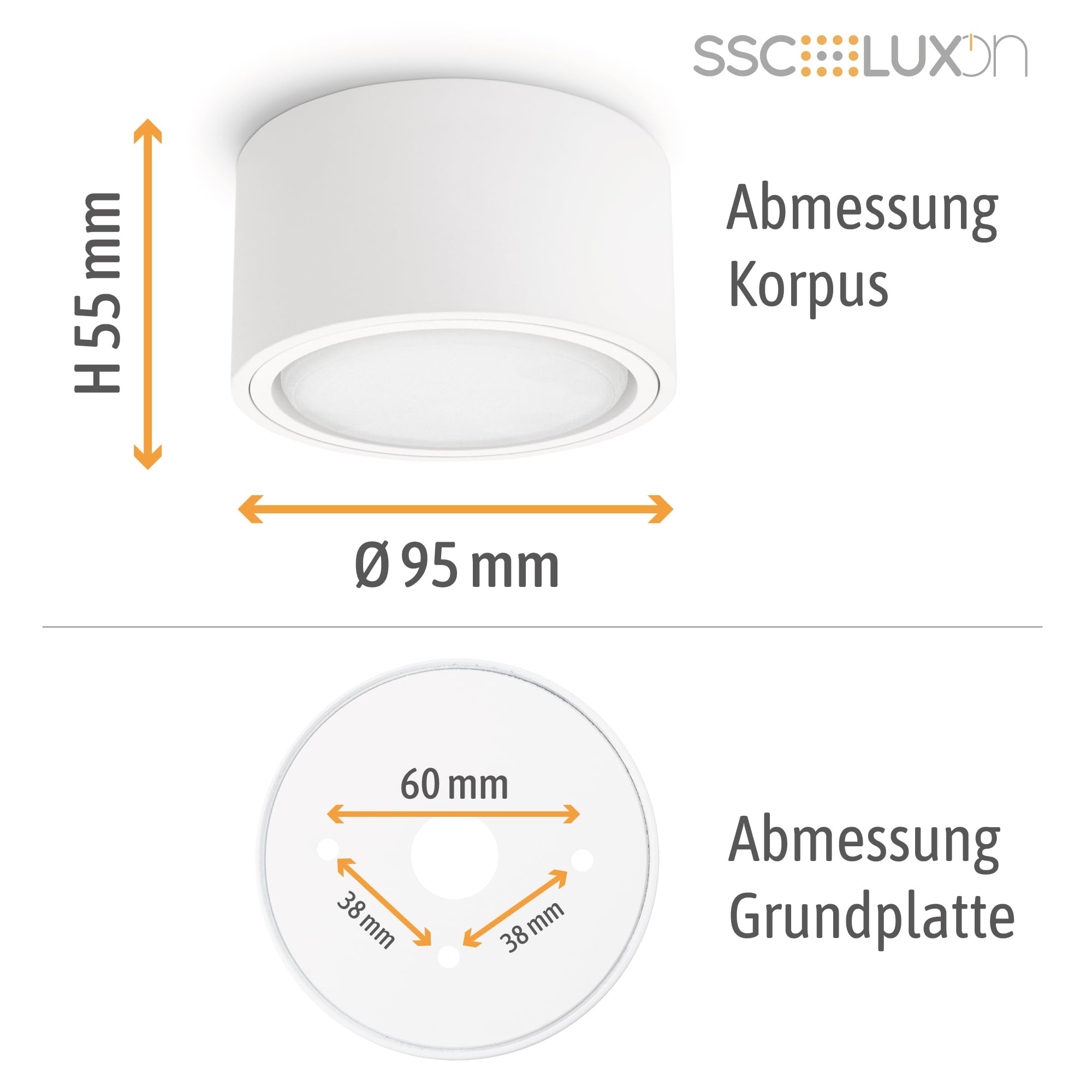 SSC-LUXon 4 Stück CELI-X Aufbauleuchte LED flach mit schöner Lichtfläche - LED GX53 warmweiß 3W 230V - Decken Aufbauspot weiß rund