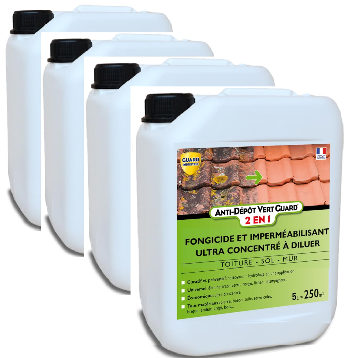 GUARD INDUSTRIE - Anti Dépôt Vert Guard 2 en 1 - Imperméabilisant Fongicide Invisible, Hydrofuge, Anti Champignon, Lichen, Algue - Tous Matériaux - Fabrication Française 20L- jusqu'à 1000m²- 4 X 5 L