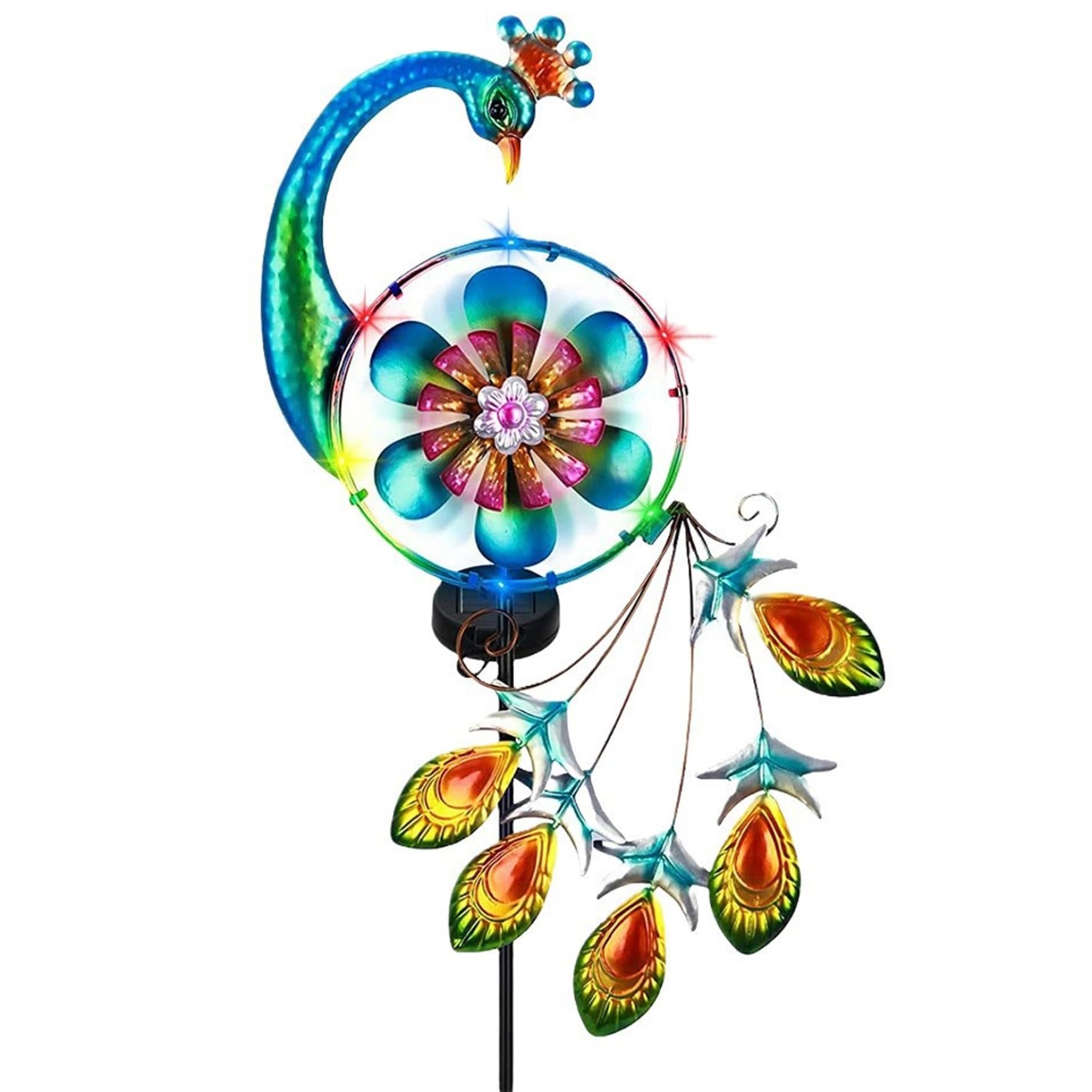 Hilandero de Viento Solar, 31 Luces solares Multicolores Impermeables para Exteriores con estaca, Molino de Viento Giratorio de Pavo Real de Metal para Patio, jardín, césped, Molino de