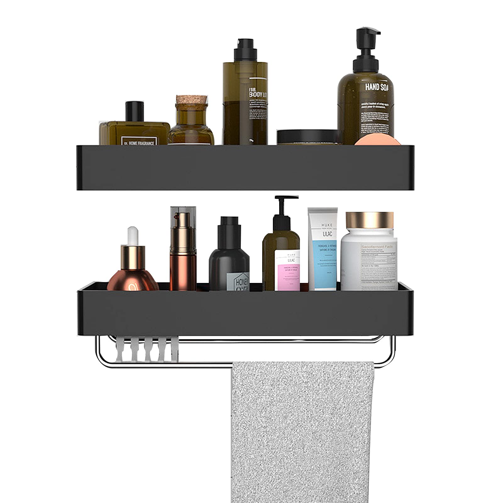 KLZUOPT Exquisite Bathroom Shelves Corner Shower Caddy Shelf 2-Pack Wall Mounted Shower Black Rust Proof with Hooks and