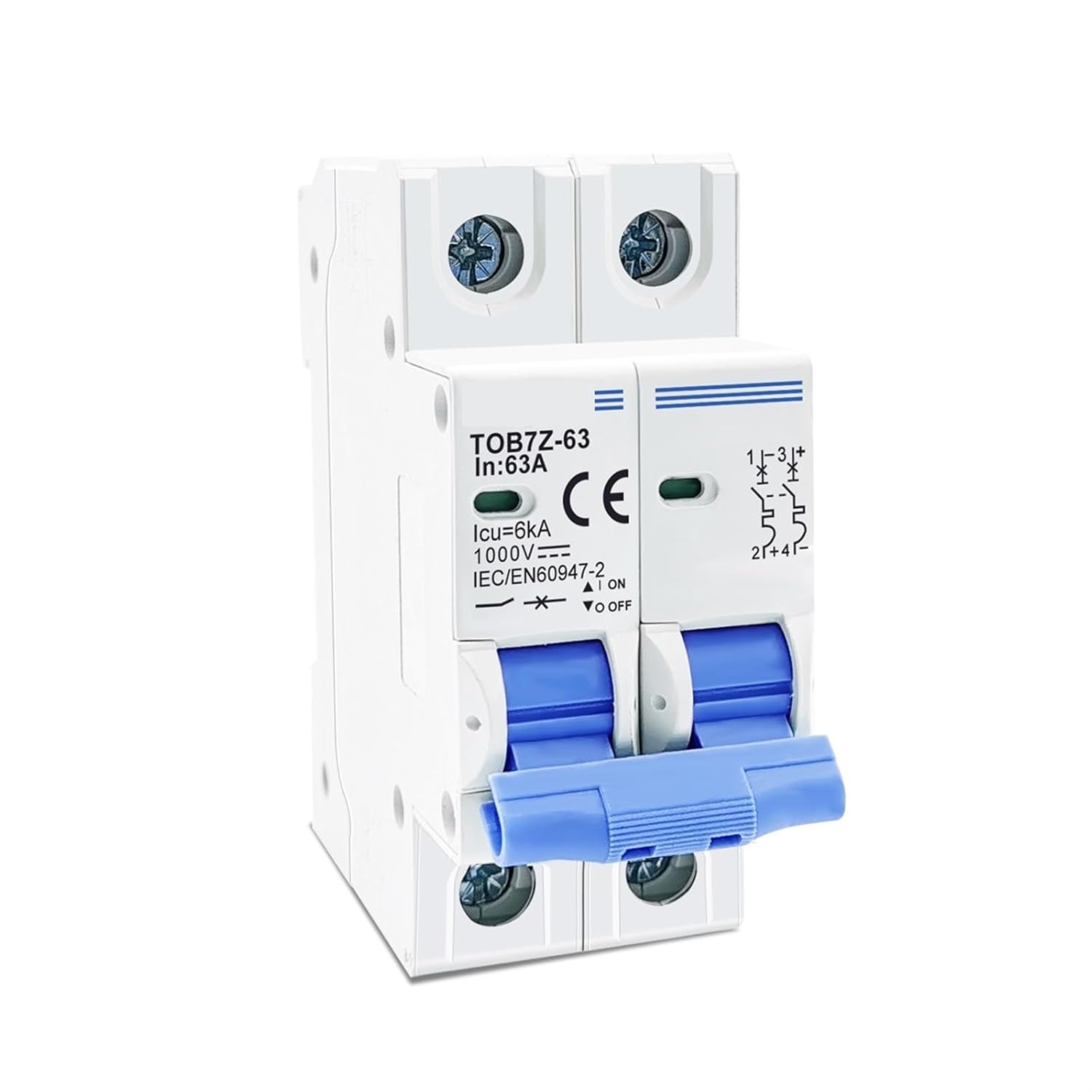 TOB7Z-63 2P DC 1000V Solar Mini Circuit Breaker 3A 6A 10A 16A 20A 25A 32A 40A 50A 63A DC MCB for PV 1Pcs(63A)