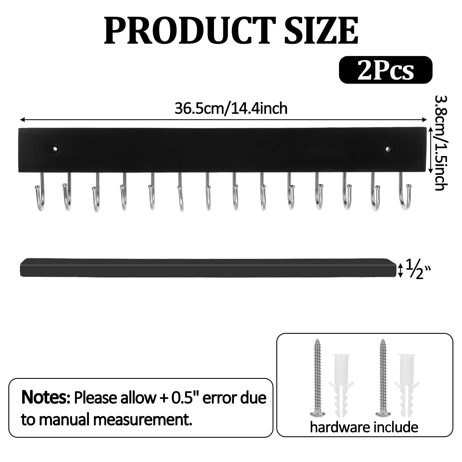 HOFURME 2 Pack Necklace Holder Wall Mount, Tangle-Free Wall Necklace Organizer with 14 Hooks, Wooden Jewelry Hanger, for Chains, Bracelets, Earrings, Black