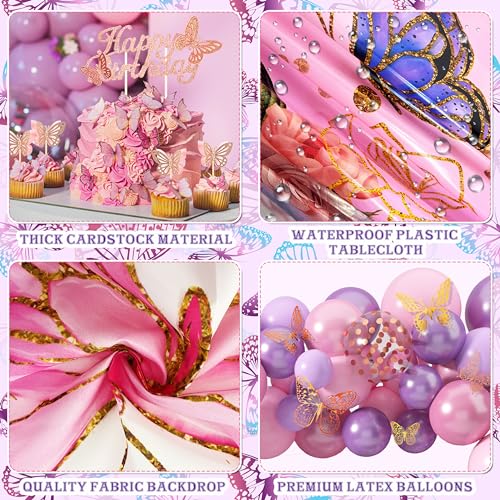 Image of Butterfly Birthday Decorations Party Supplies for Girls Women with Pink Purple Balloon Arch Kit Backdrop Tablecloth Butterfly Wall Decor Foil Balloons Cake Toppers