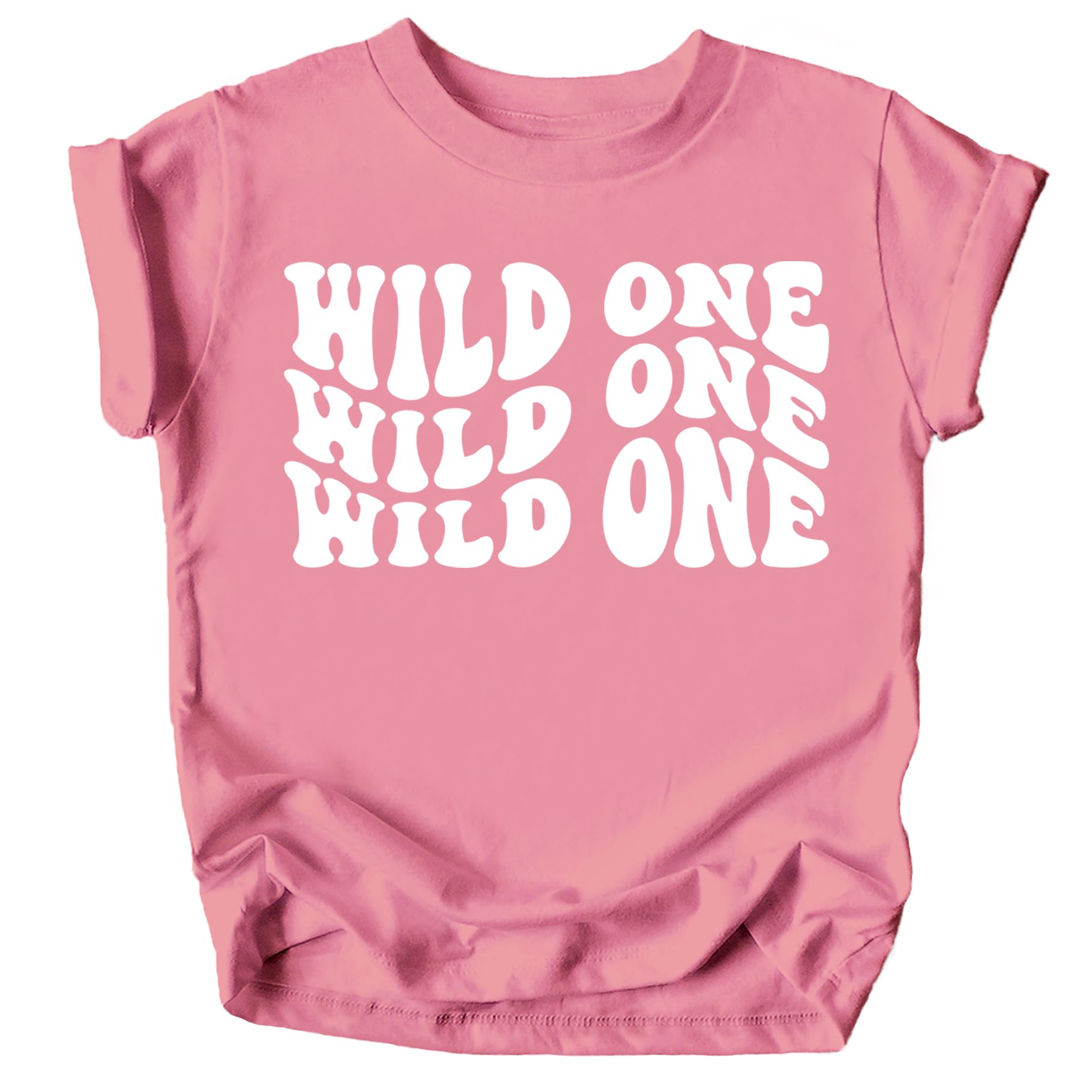 Wild One 1st Birthday Shirt for Baby Girl or Boy One Year Old Wavy Retro Birthday White on Mauve Shirt 12 Months