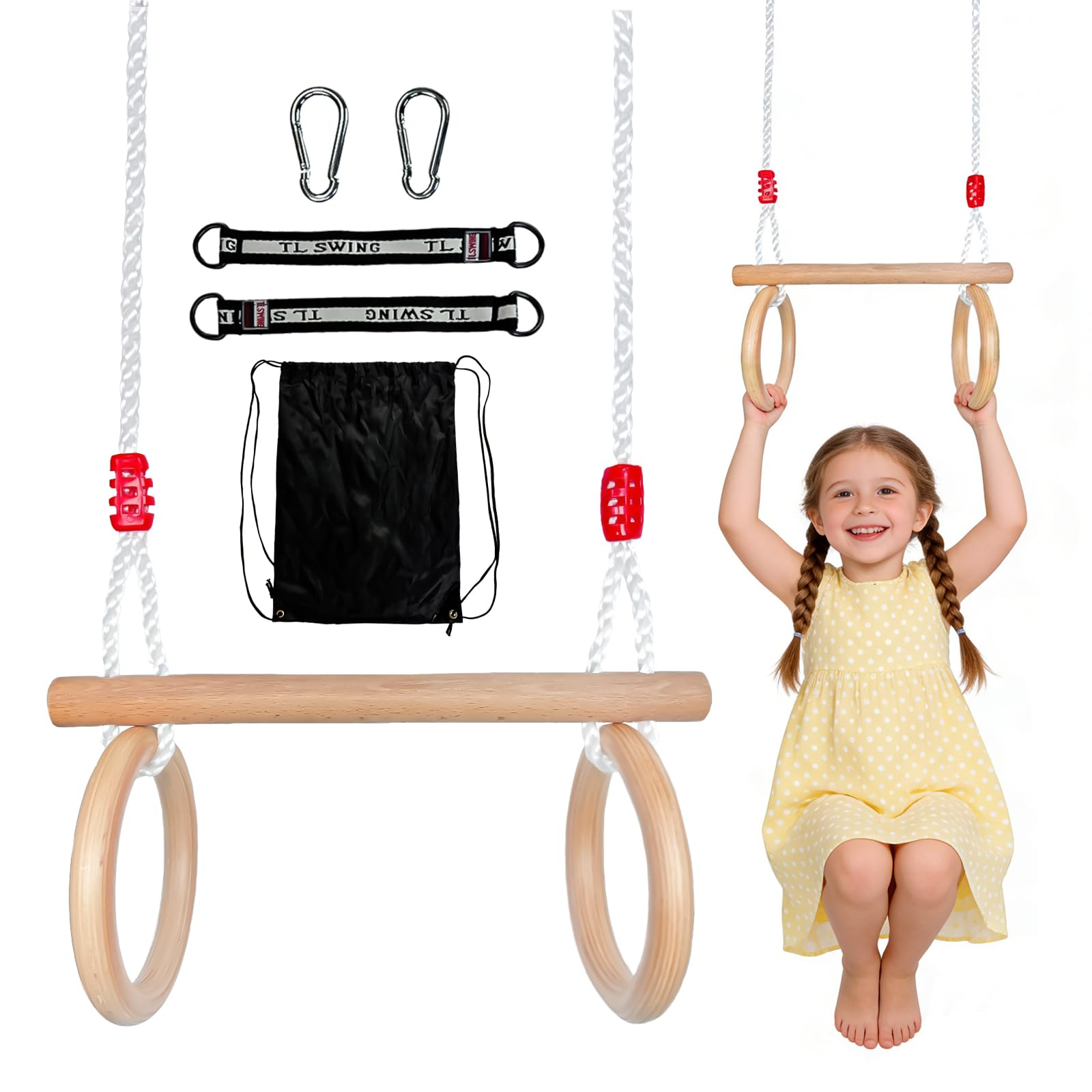 Columpio Trapecio de Madera, MultifuncióN Columpio Jardin Exterior con Anillas Gimnasia 2 en 1 Columpios Exterior Capacidad MáXima de Carga 100 kg Longitud de Cuerda Ajustable