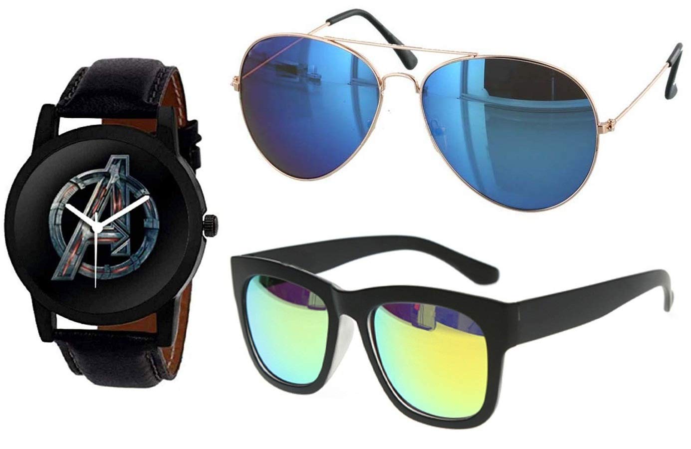 Mirrored Golden Blue Mercury Aviator Men's Sunglass and Multicolour Goggle Combo - 1 Avenger Watch 2 Sunglass with Box