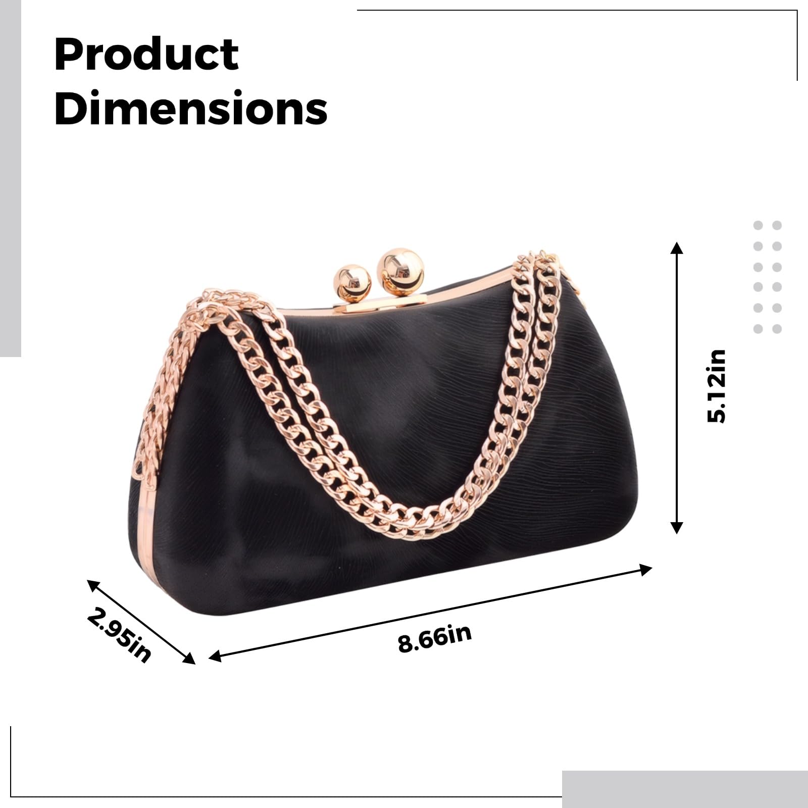 Pochette da sera nera, borsa da festa in pelle PU con chiusura a bacio retrò, borsa a tracolla con catena staccabile per matrimonio, 22,1 cm, 22 cm
