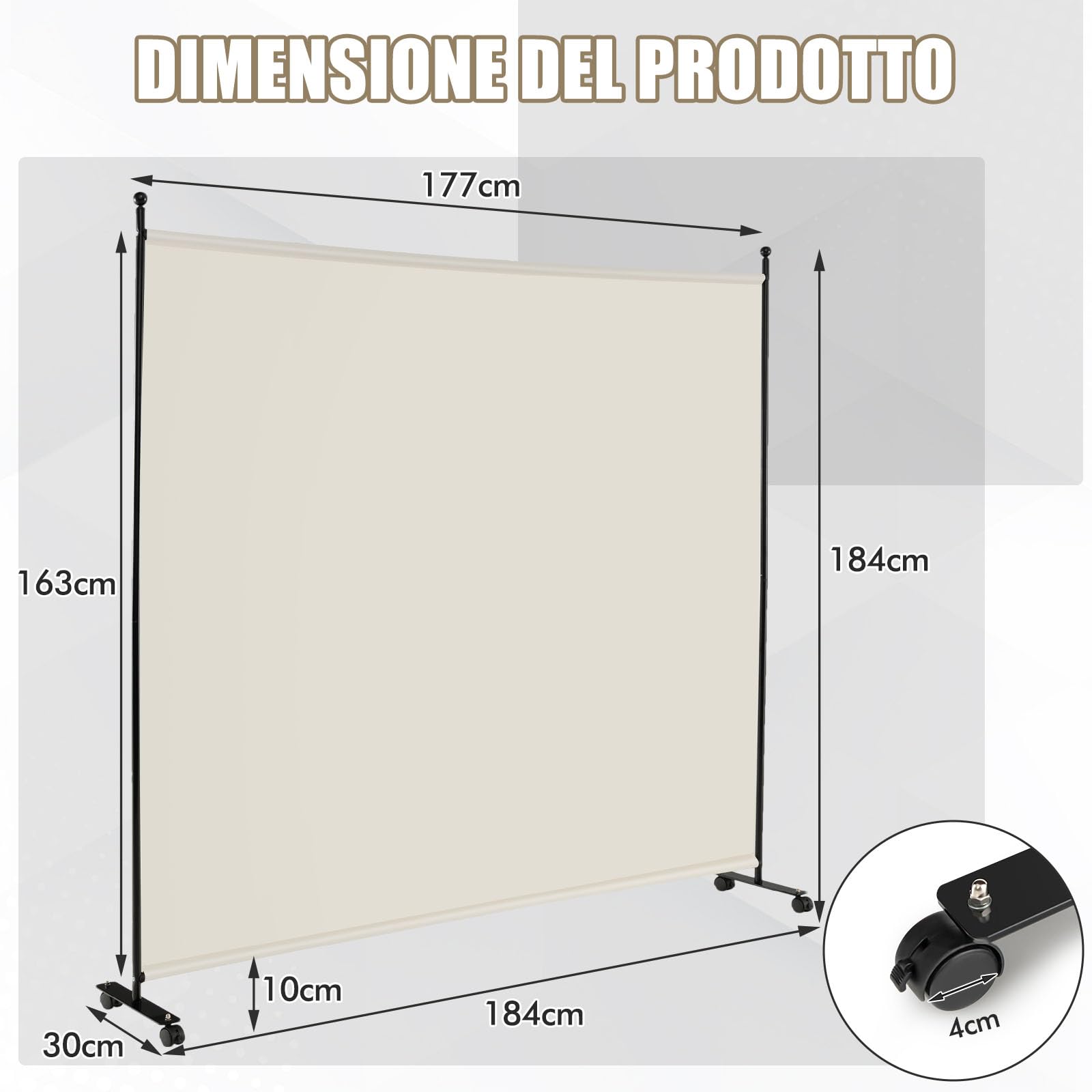 COSTWAY Separé Divisorio Singolo 184 x 184 CM, Paravento da Interno ed Esterno con Ruote Bloccabili, Pannello Divisorio per Ambienti Interni Portatile da Soggiorno Camera da Letto e Ufficio (Bianco)