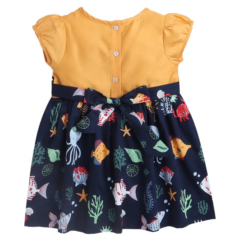 Image of Mama&Bebe Summer Dress for Girls with Cotton Soft Lining | Printed Fit & Flare Kids Outfit with Cute Bow Detail | Comfortable Breathable Party & Outing Dress for Toddlers and Little Girls