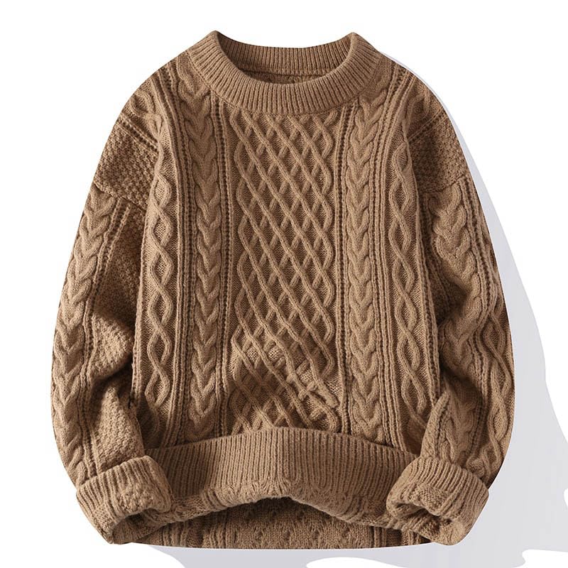 Men's Solid Color Round Neck Wool Sweater Winter Warm Long Sleeve Cable Knit Tops4