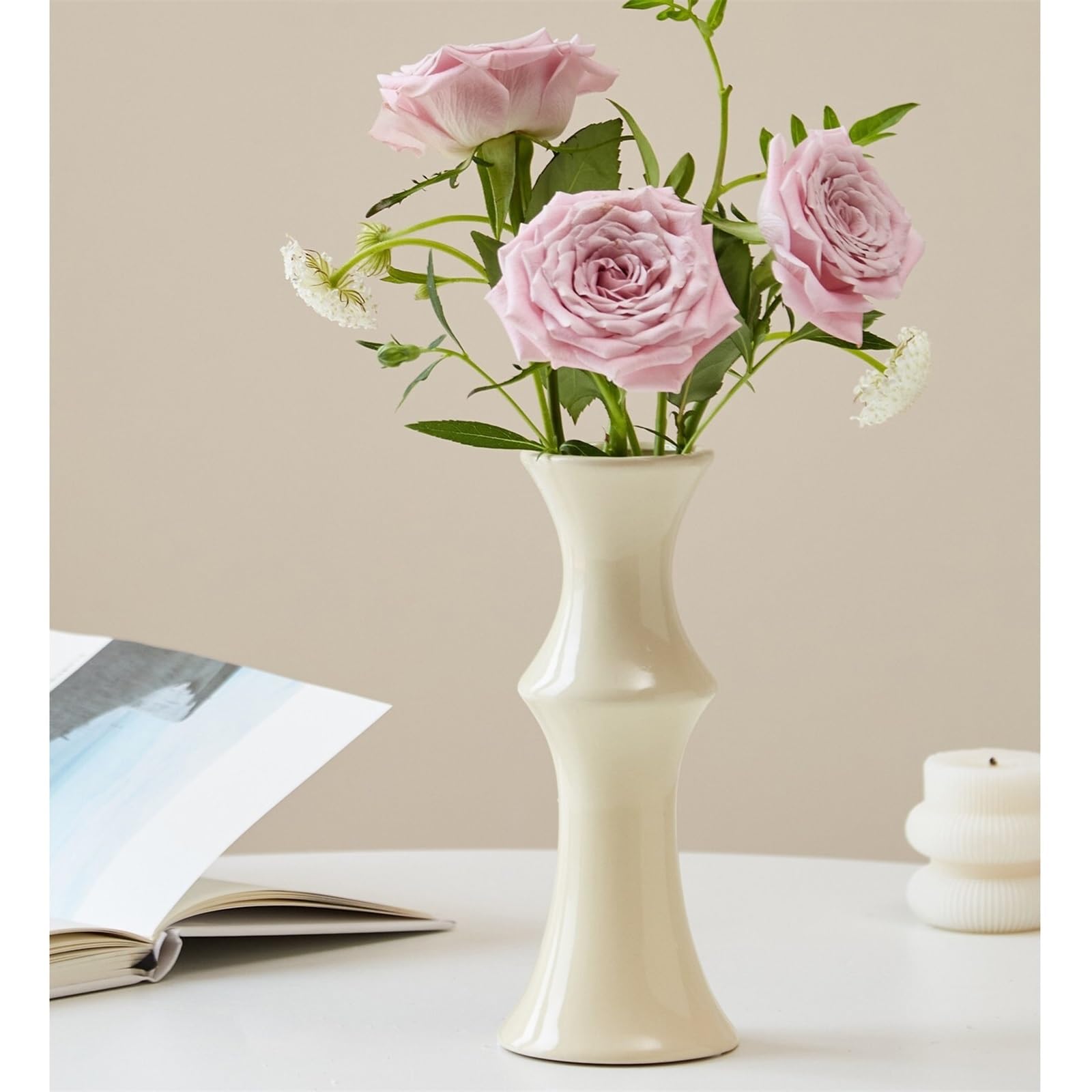 Vase en céramique Florale rétro for Les décors rustiques et contemporains Décoration d'intérieur(Beige,Petit)