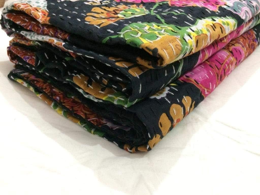 Indian Handmade Cotton Black Fruits Print Kantha Quilt Twin Tribal Bed Cover Reversible Bedspread Blanket Picnic Throw Floral Coverlet 90x60 Inches