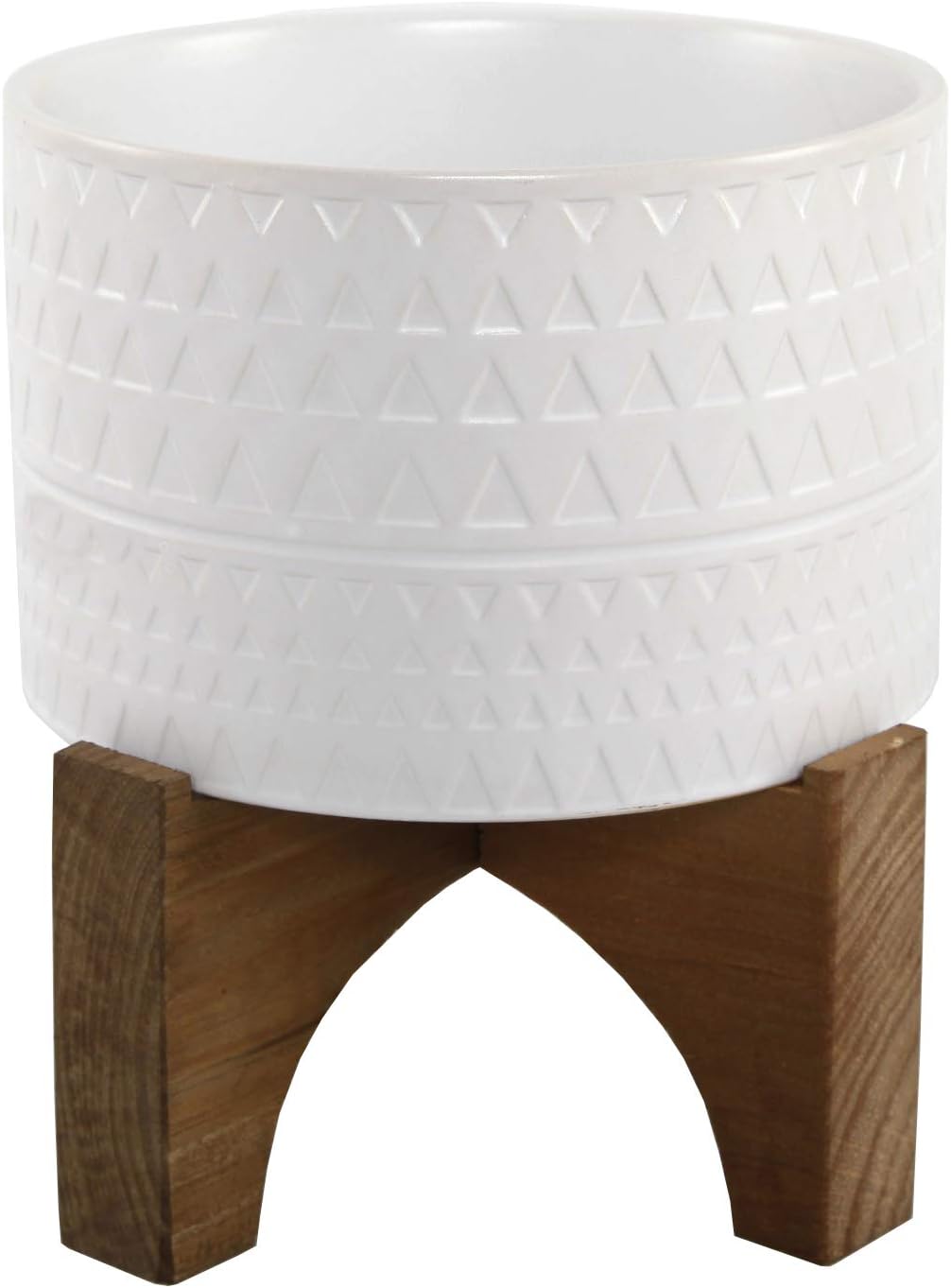 Flora Bunda Mid Century 7 Inch White Roman Texture Ceramic Planter on Wood Stand Mid-Century, White Roman 7"