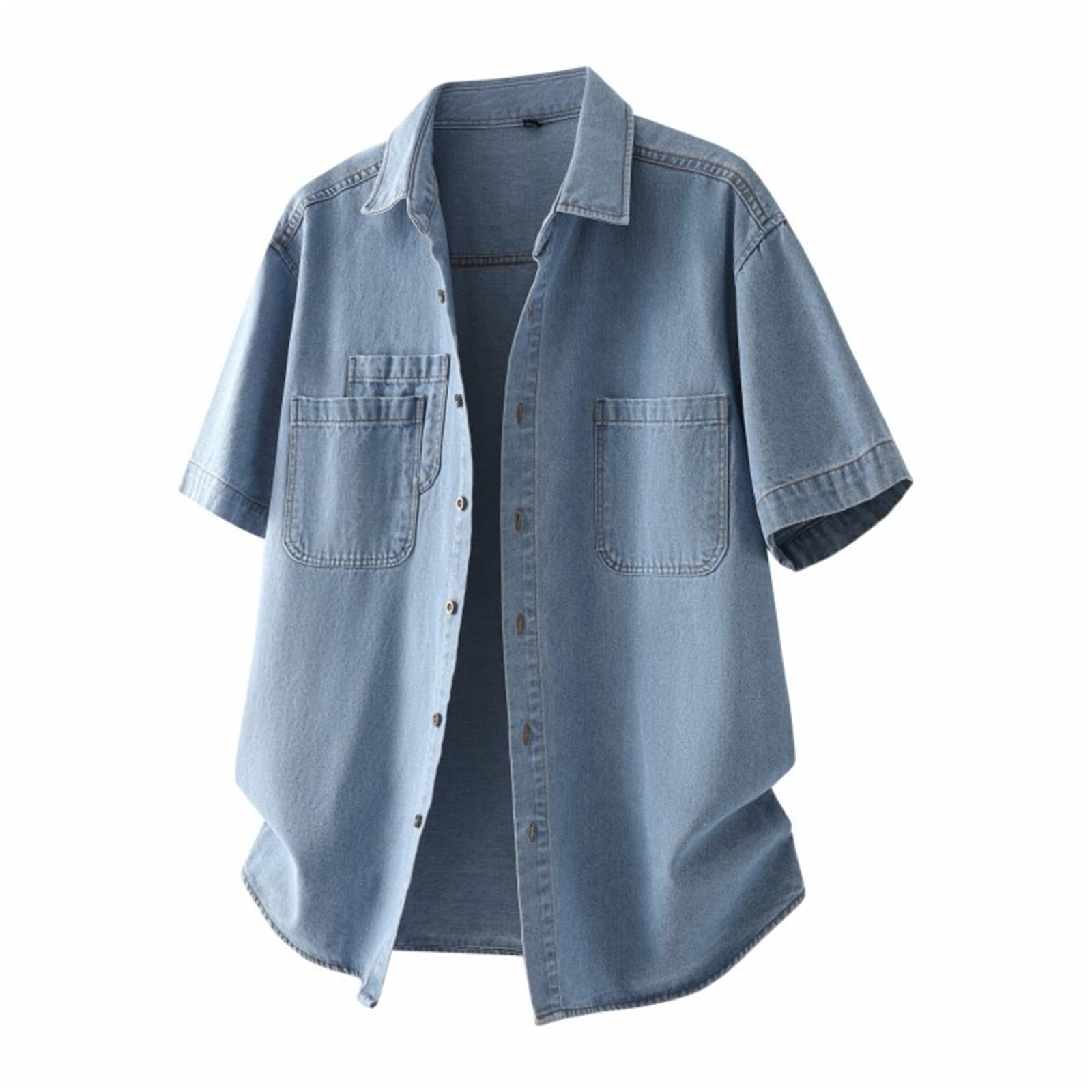 Jeans camicia estiva da uomo a maniche corte, in denim, vestibilità normale, slim per il tempo libero, a maniche corte, con bottoni automatici
