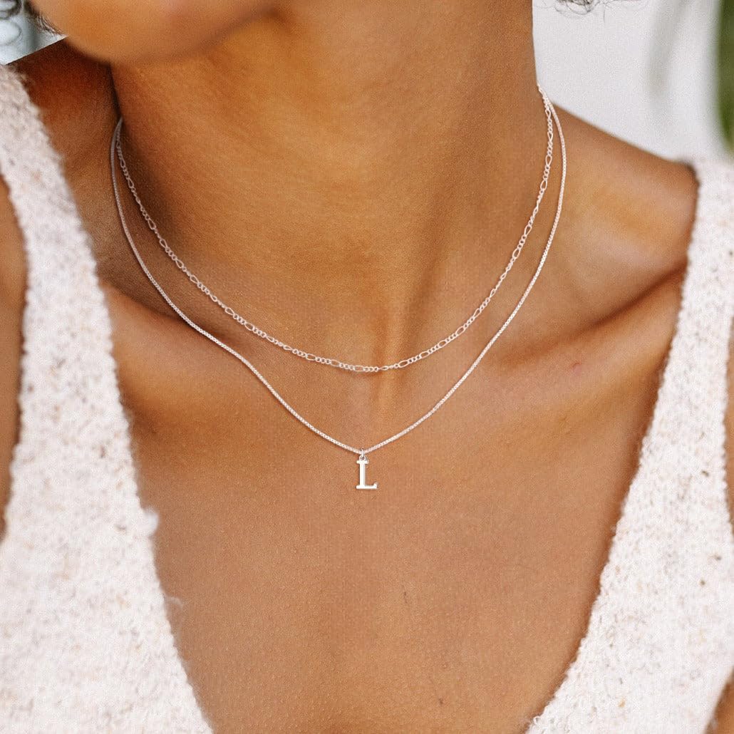 MBW Silver Initial Necklaces for Women, Simple Waterproof Layered 925 Silver Plated A-Z Pendant Necklace Thin Dainty Figaro Choker Monogram Name Jewelry Set Personalized