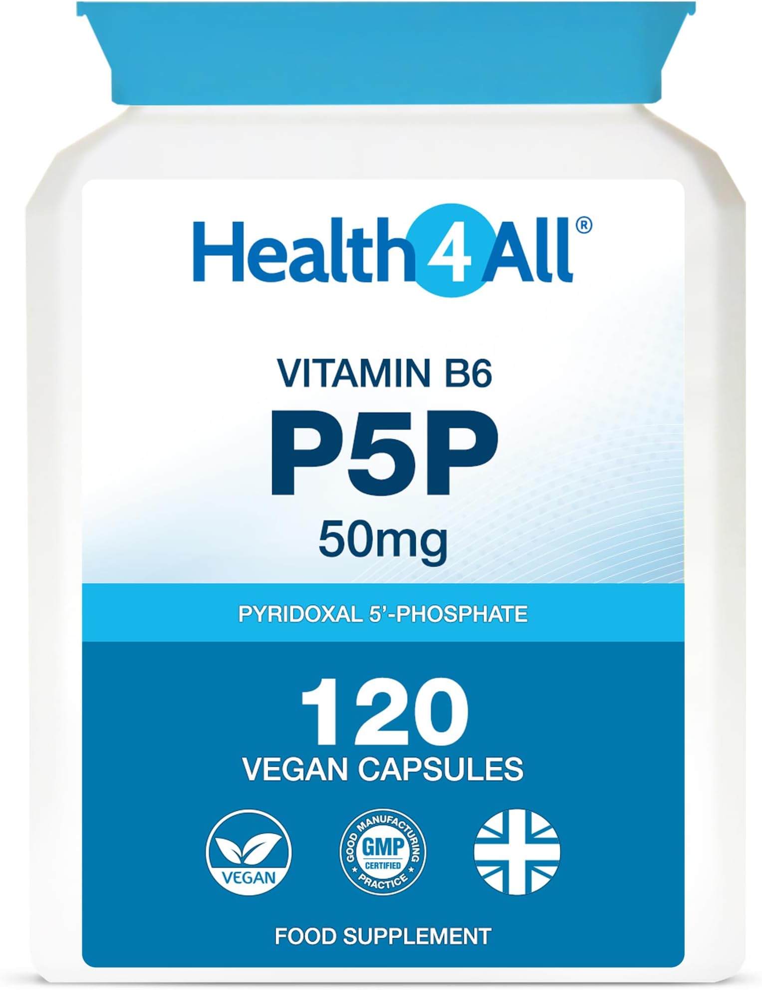 P5P 50mg Activated Vitamin B6 with Magnesium Citrate for Tiredness & Fatigue - 120 Capsules 4 Month Supply - Pyridoxal 5'-Phosphate - Vegan VitB6 Supplement - Made in UK by Health4All