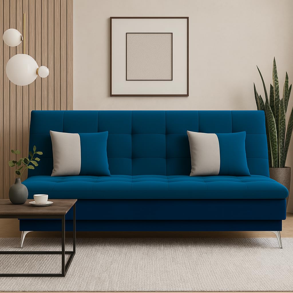 Flexinest 3 Seater Click-Clack Sofa Cum Bed for Bedroom | Soft Velvet Suede Fabric | Modern Design | Plush Comfort Cushions for Living Room (Aqua Blue-Dark Blue) Flexinest 3 Seater Click-Clack Sofa Cum Bed for Bedroom | Soft Velvet Suede Fabric | Modern Design | Plush Comfort Cushions for Living Room (Aqua Blue-Dark Blue)