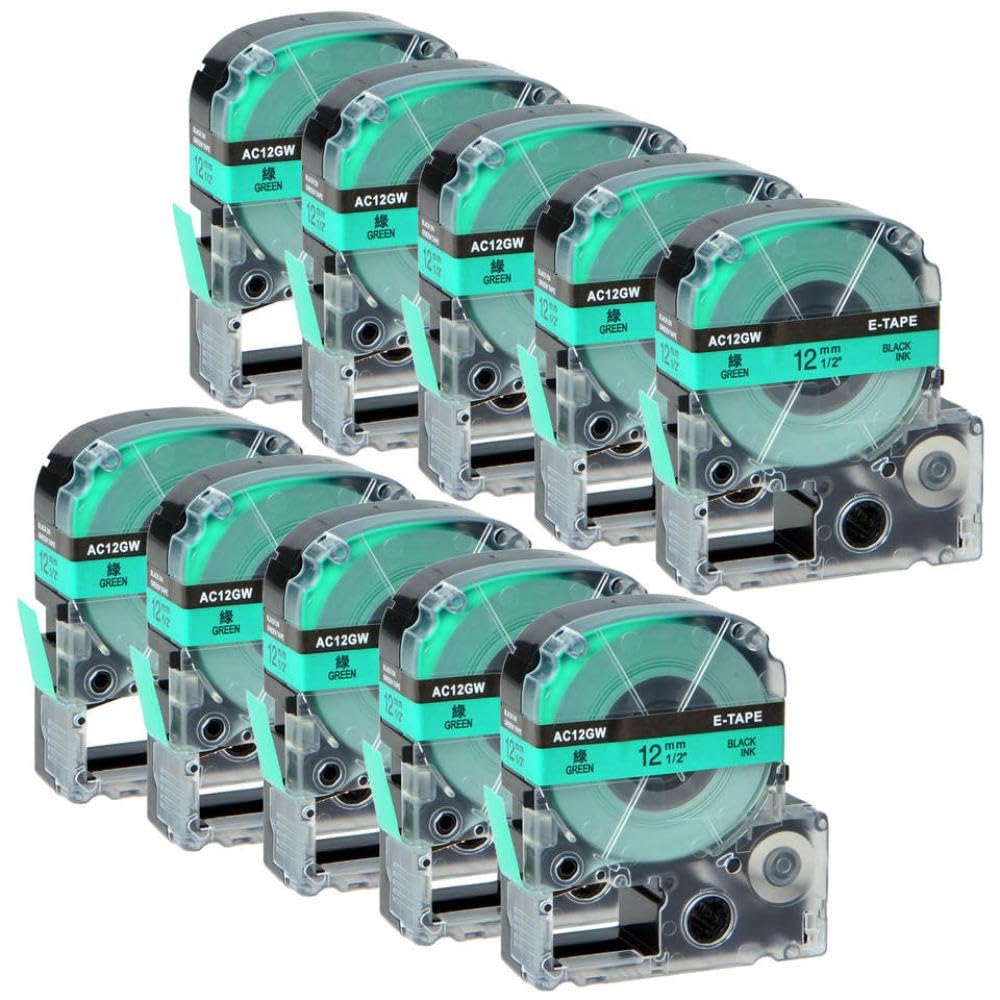 10 nastri per etichette SS12KW da 12 mm, compatibili con etichettatrici SS18KW SS9KW SS24KW per LW-300 400 600 700 LK-4WBN 4WBN ricambio universale di terze parti (nero su verde)