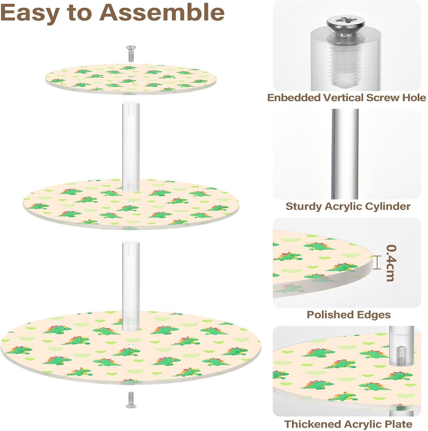Little Dinosaur Heart 3 Tier Acrylic Cupcake Stand, Cupcake Stand for 34 Cupcakes for Weddings, Christmas,Holidays,Parties,Birthday,Printed Cupcake Tower 23300014