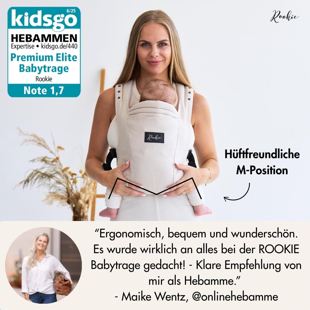 Rookie Babytrage ab Geburt - Ergonomisch, Bequem, Bio-Stoffe - Premium Elite Design - Baby Trage schnell & einfach angelegt - Baby carrier für Neugeborene bis 2 Jahre (Beige) - 4