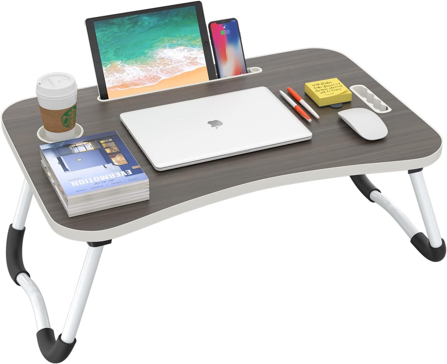 BUYIFY Folding Lap Desk, 23 Inch Portable Wood Black Laptop Bed Desk Lap Desk with Cup Holder, for Working Reading Writing, Eating, Watching Movies for Bed Sofa Couch Floor
