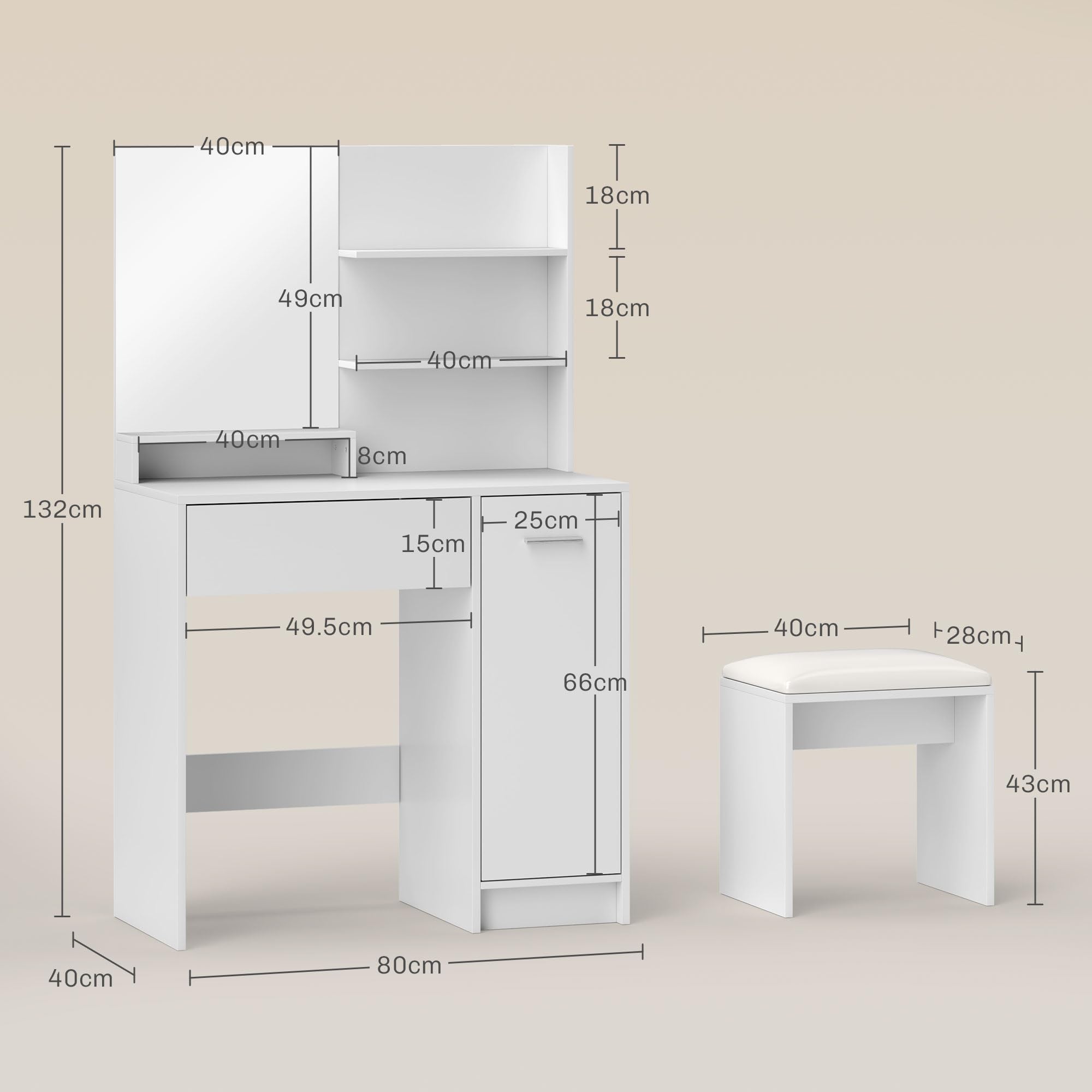 HOMCOM Toeletta Trucco con Specchio e Sgabello con Cassetto Bianco | Postazione Trucco, Armadietto e Ripiani in Legno