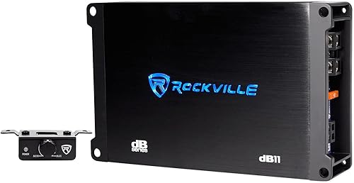 Amplificador mono de 2 ohmios Rockville dB11 de 1400 vatios pico/350 vatios RMS para automóvil + control remoto de graves.