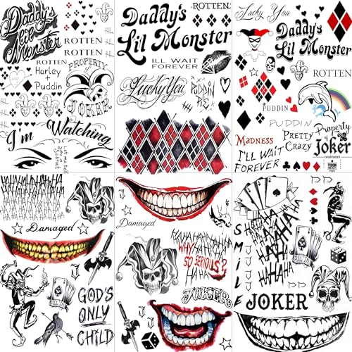 Image of GOROMON 6 Sheets 3D Joker Tattoos Stickers, Halloween Damaged Joker Temporary Tattoos For Women Men Adults Hand Face, Halloween Makeup Kit Costume Party Rave Accessories Clown Prison Rapper Prisoner F