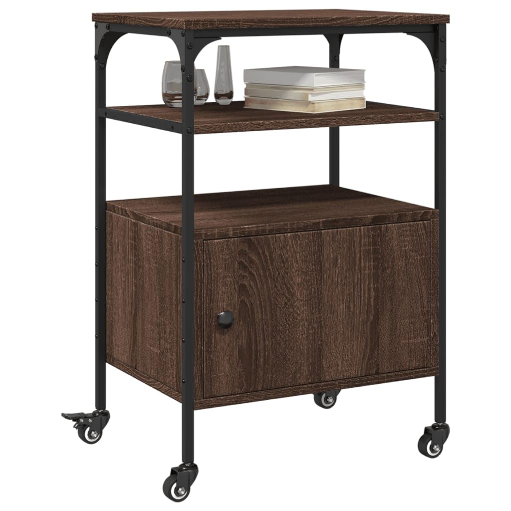 Druckertisch Braun Eichen-Optik mit 3 Ablagen, Druckerständer Büro 50x40x76 cm, Druckerregal aus Holzwerkstoff und Stahlrahmen, 4 Rollen mit 2 Bremsen, multifunktional
