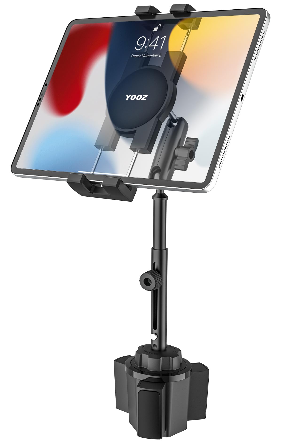 YOOZ Cup Holder Tablet Mount for Car [Metal Arm Telescopic Design] Truck Caravan Cupholder iPad Mount with Adjustable Long Arm for iPad Pro Air Mini,