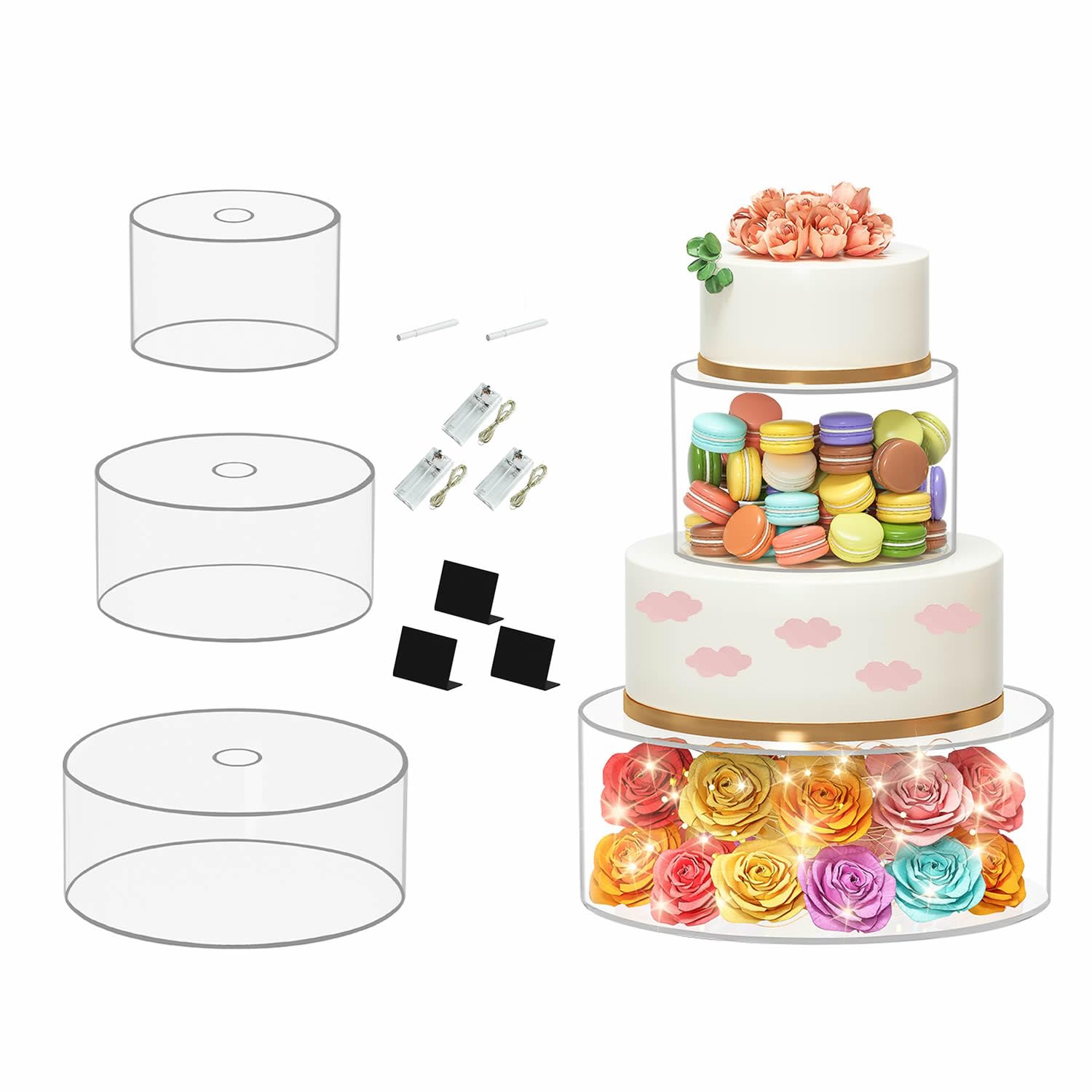 Soporte para tartas rellenable de acrílico, apilable, 3 unidades, caja de presentación de postres, decoración LED, transparente, para cumpleaños, bodas y fiestas (transparente con tapa)