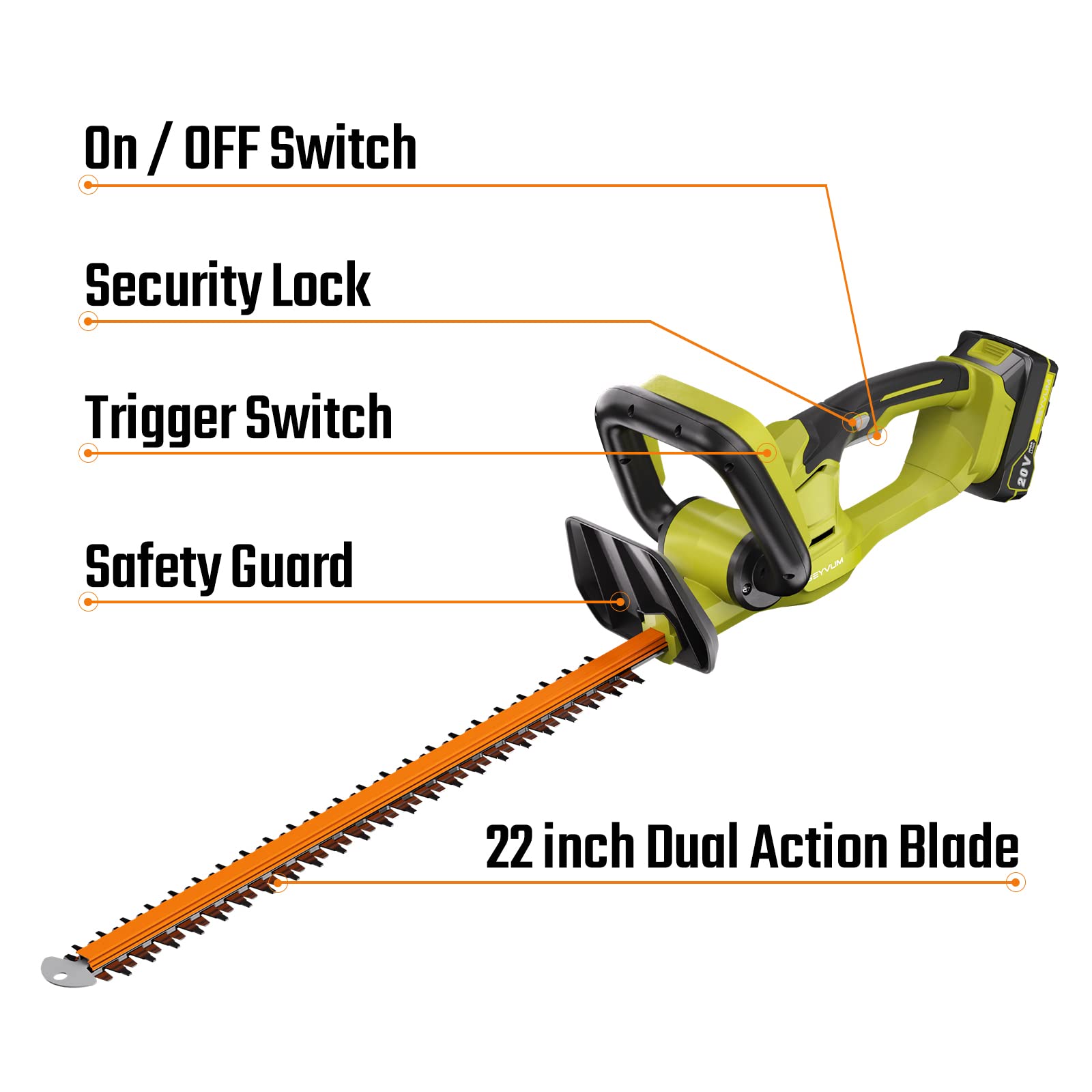 Hedge Trimmer, SEYVUM 22-inch Cordless Hedge Trimmer, Dual Action Blade, 5/8 inch Cutting Capacity, 2800 SPM Electric Bush Trimmer with 2 X 2.0 Ah Battery, Fast Charger Included