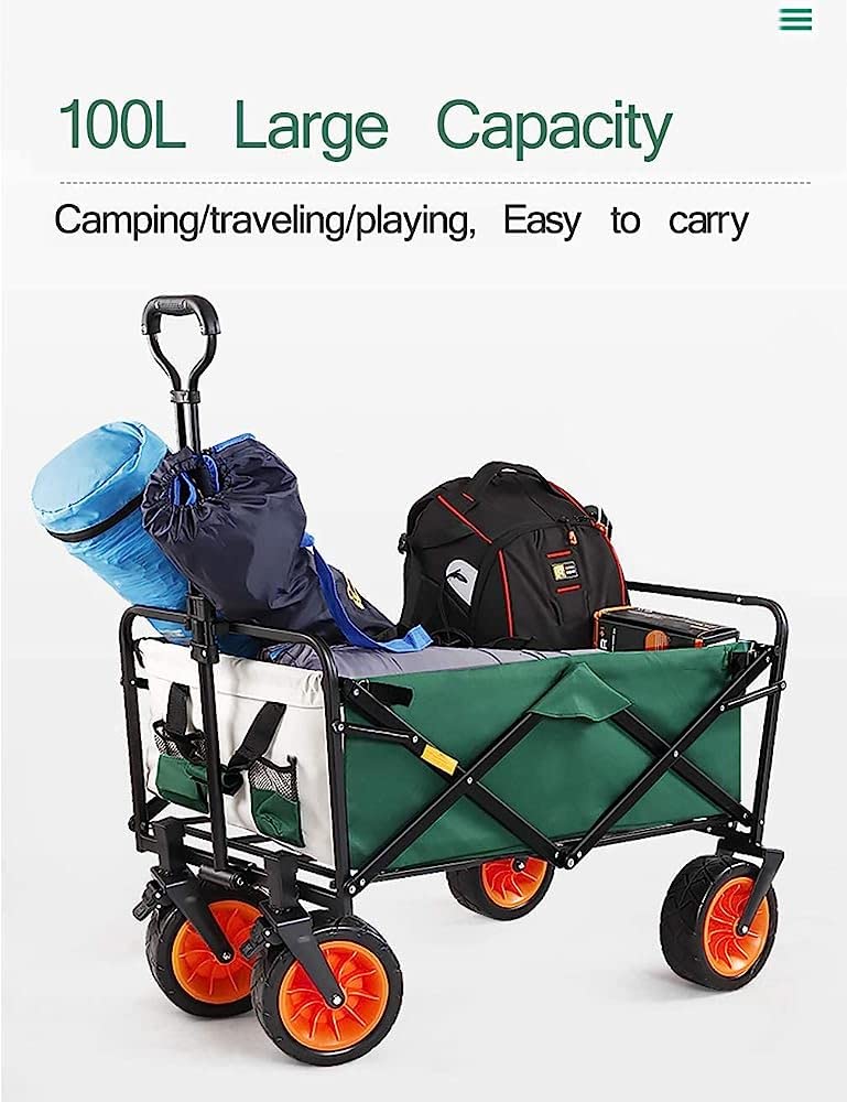 Chariots, Chariot d'épicerie Pliable, avec Chariot à roulettes, Chariot extérieur pour Le Camping de pêche à la Plage, 50 x 100 x 100 cm, Charge Bea100 kg/Noir (Vert)