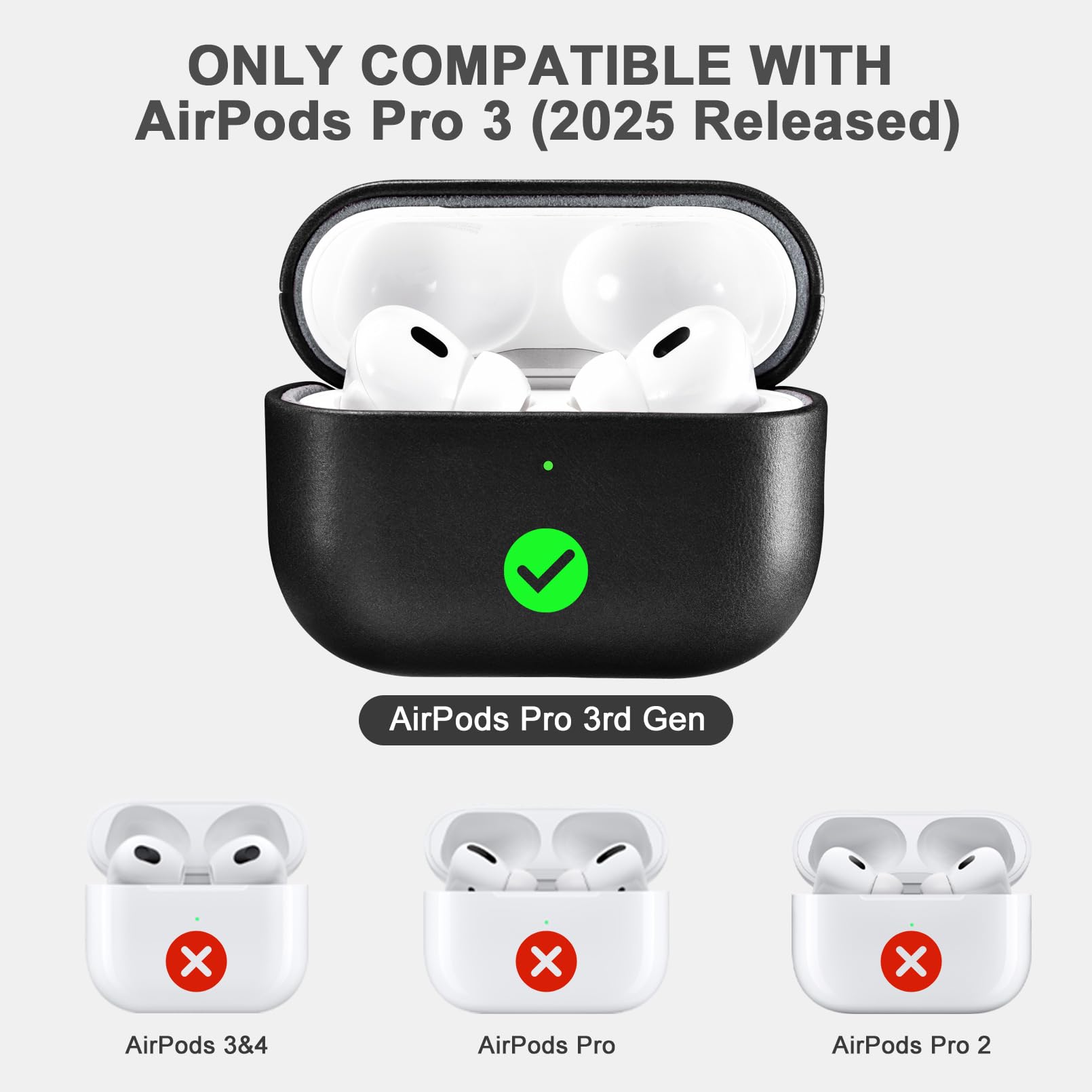 Funda para AirPods Pro 3 2025, ICARER Piel Genuina Cuero Luxury Vintage Series Portátil Ultra Delgado Protección Cover Funda Carcasa para Apple AirPods Pro 3 (LED Visible) [Carga inalámbrica]-Negro