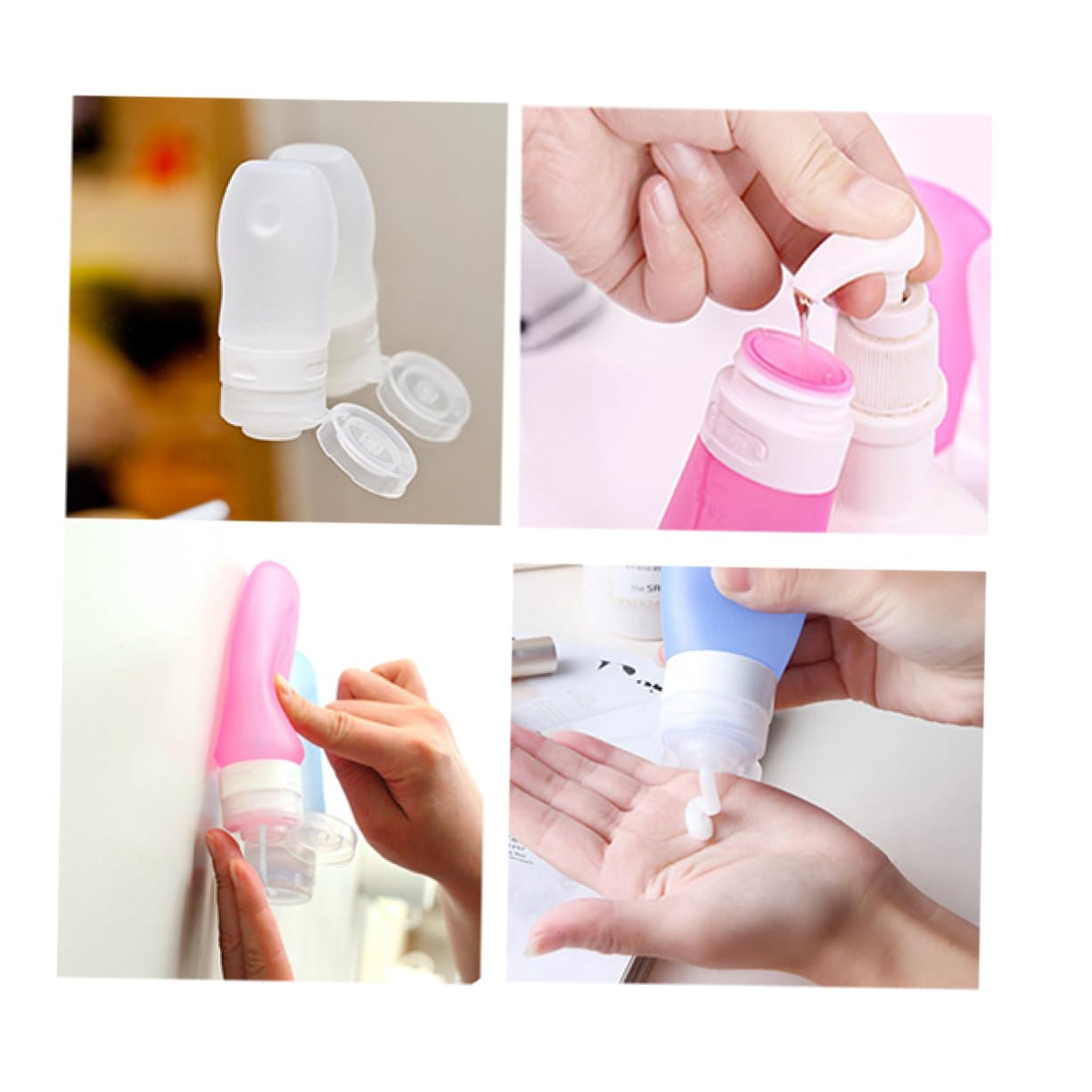 FRCOLOR Set 4 Bottiglie da Viaggio Ricaricabili in Silicone Alimentare da 89ml Etichette Rotabili e Ventosa, per Aereo e Uso Personale
