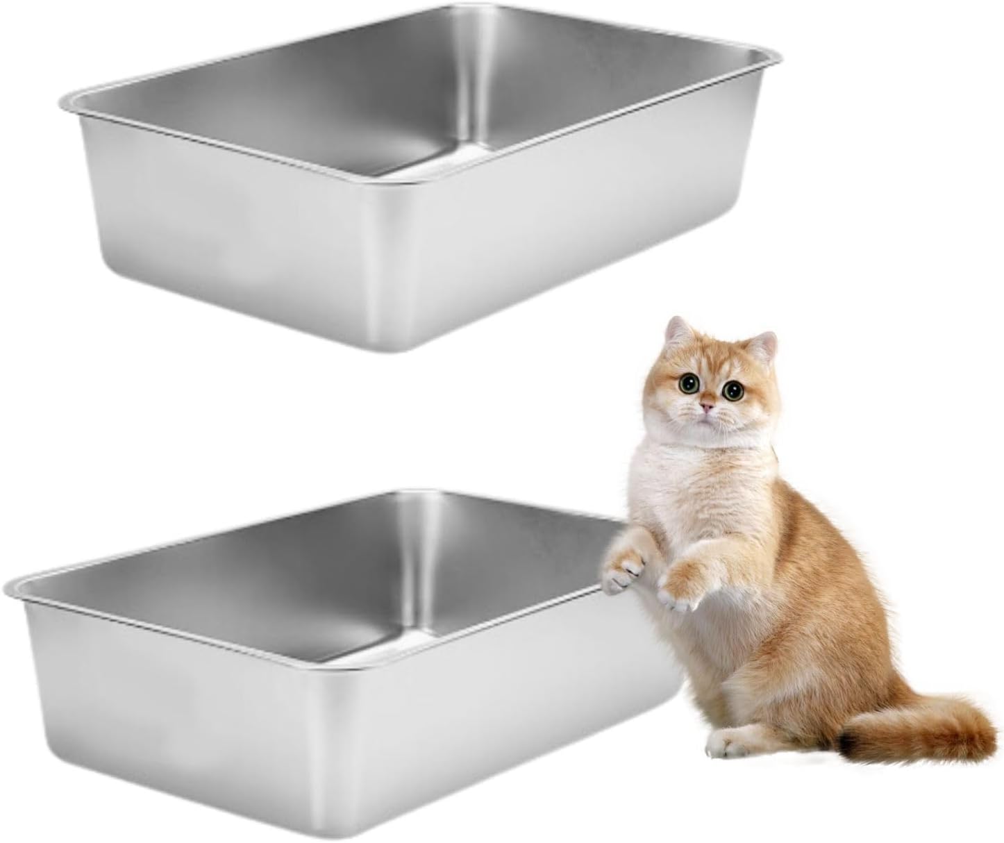 2 Pack Stainless Steel Cat Litter Box,High Side Cats Toilet Metal Kitten Litter Pan Large Pet Toilet for Cat Kitten Rabbit, Easy to Clean, Non Stick and Non Odor,16 x 11.8 x 6 Inch
