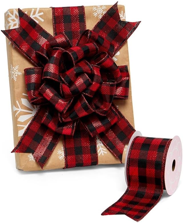 2 1/2" X 10 Yards Red/Black Gingham Wired Ribbon Christmas