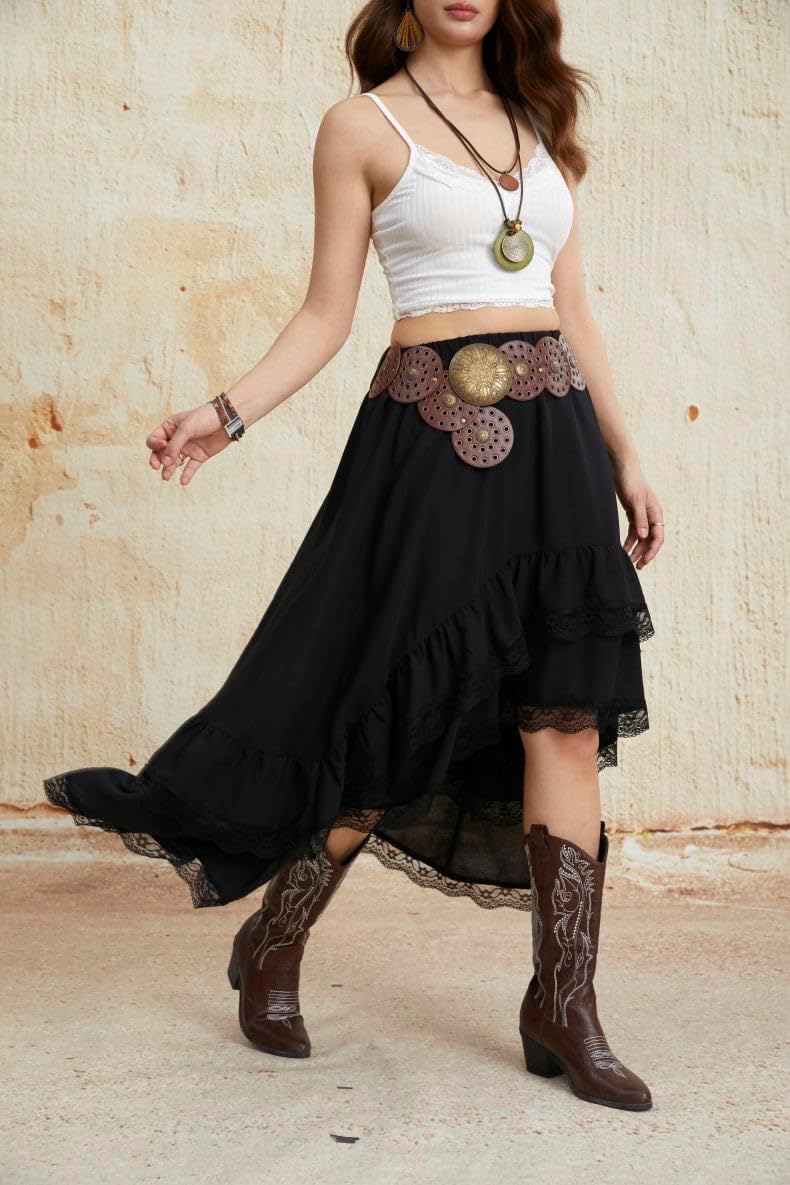 Verdusa Women's Western Boho Lace Ruffle Skirt Asymmetrical Country Cowgirl Skirts - Image 6