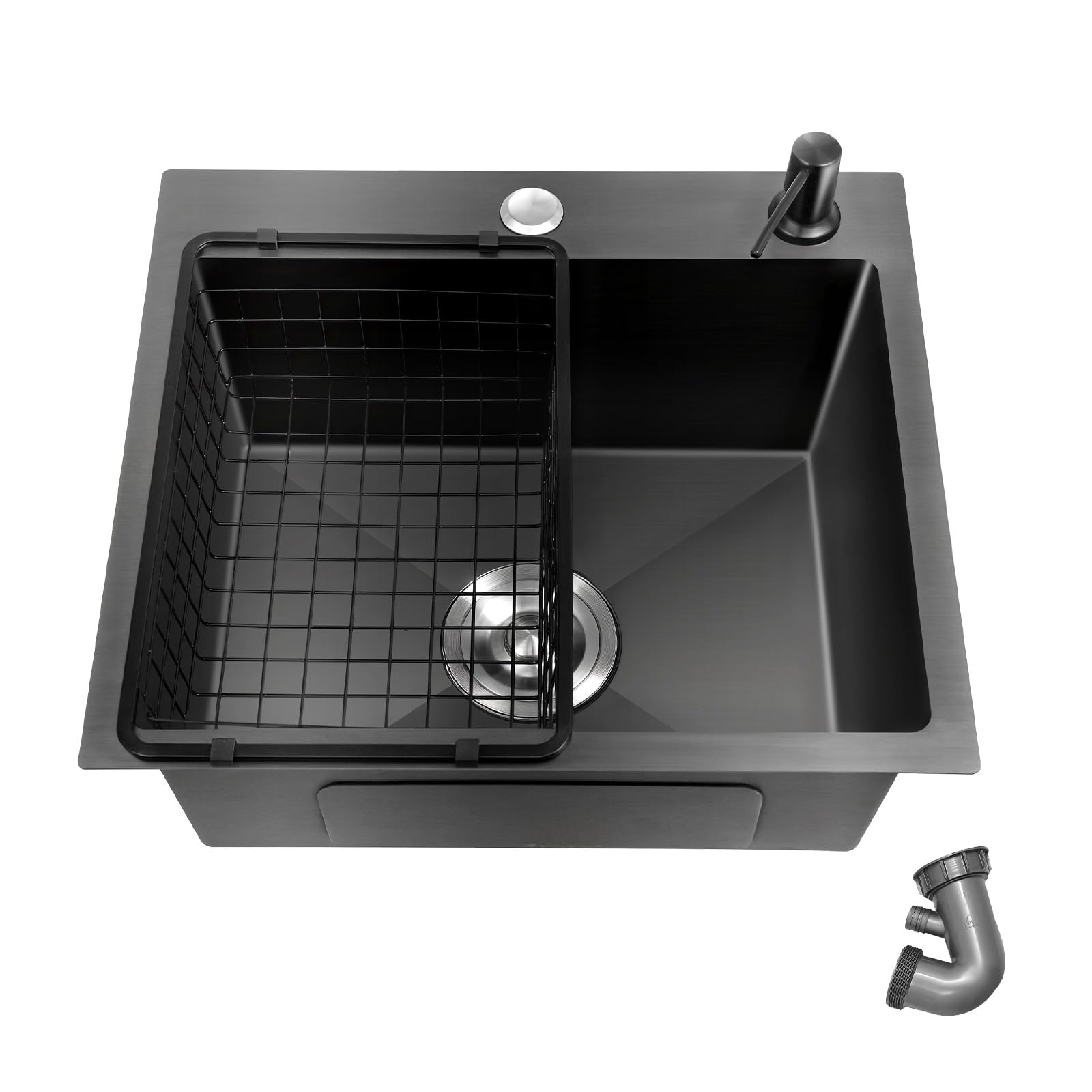 Évier Cuisine 1 Bac 40×45cm, Évier Noir Evier de Cuisine En Granit Trous Pour Robinets et Distributeur de Savon et Panier Télescopique Évier Encastrable 201 Acier Inox Avec Kit de Vidage