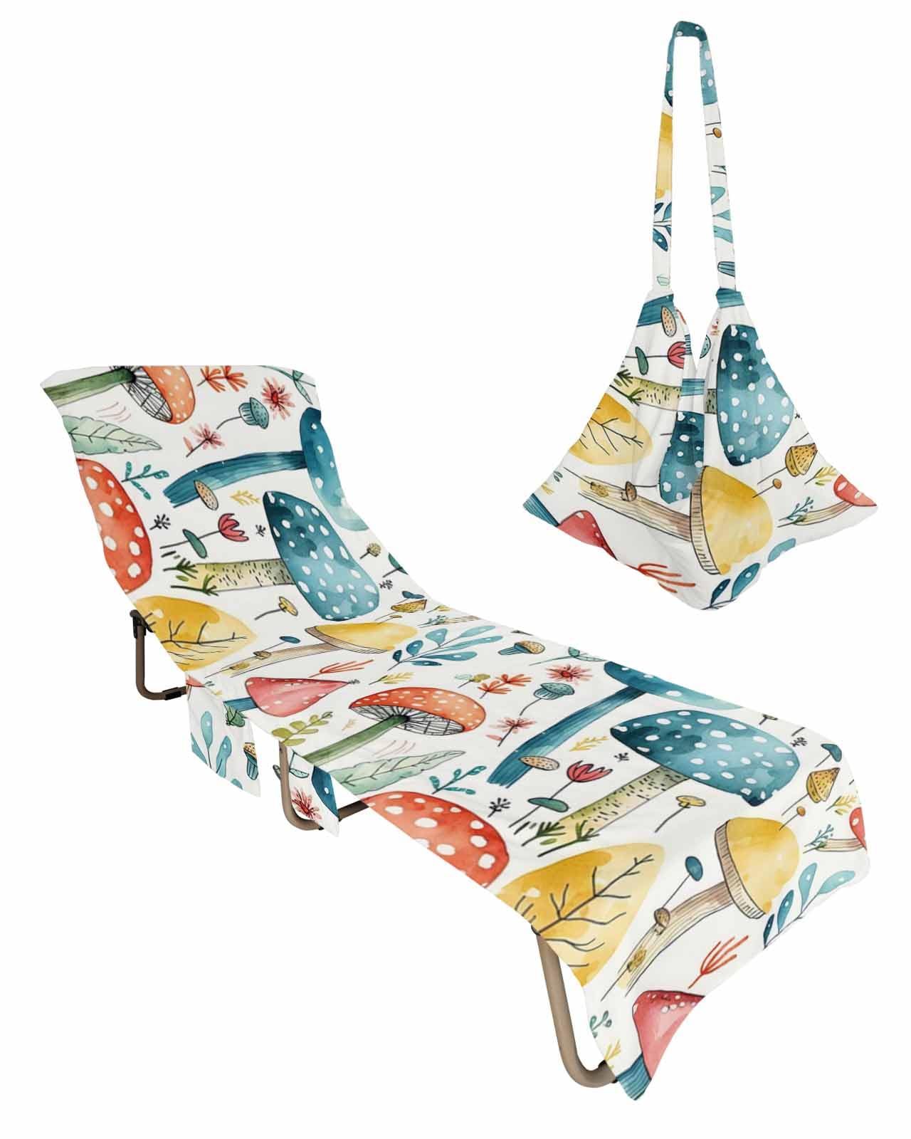 Abstract Mushroom Floral Beach Pool Patio Lounge Chaise Chair Cover Towel with Pockets,Absorbent&Quick Dry Microfiber Towel Cover Bag Summer Travel Accessories for Sunbathing Watercolor Leaves Plants
