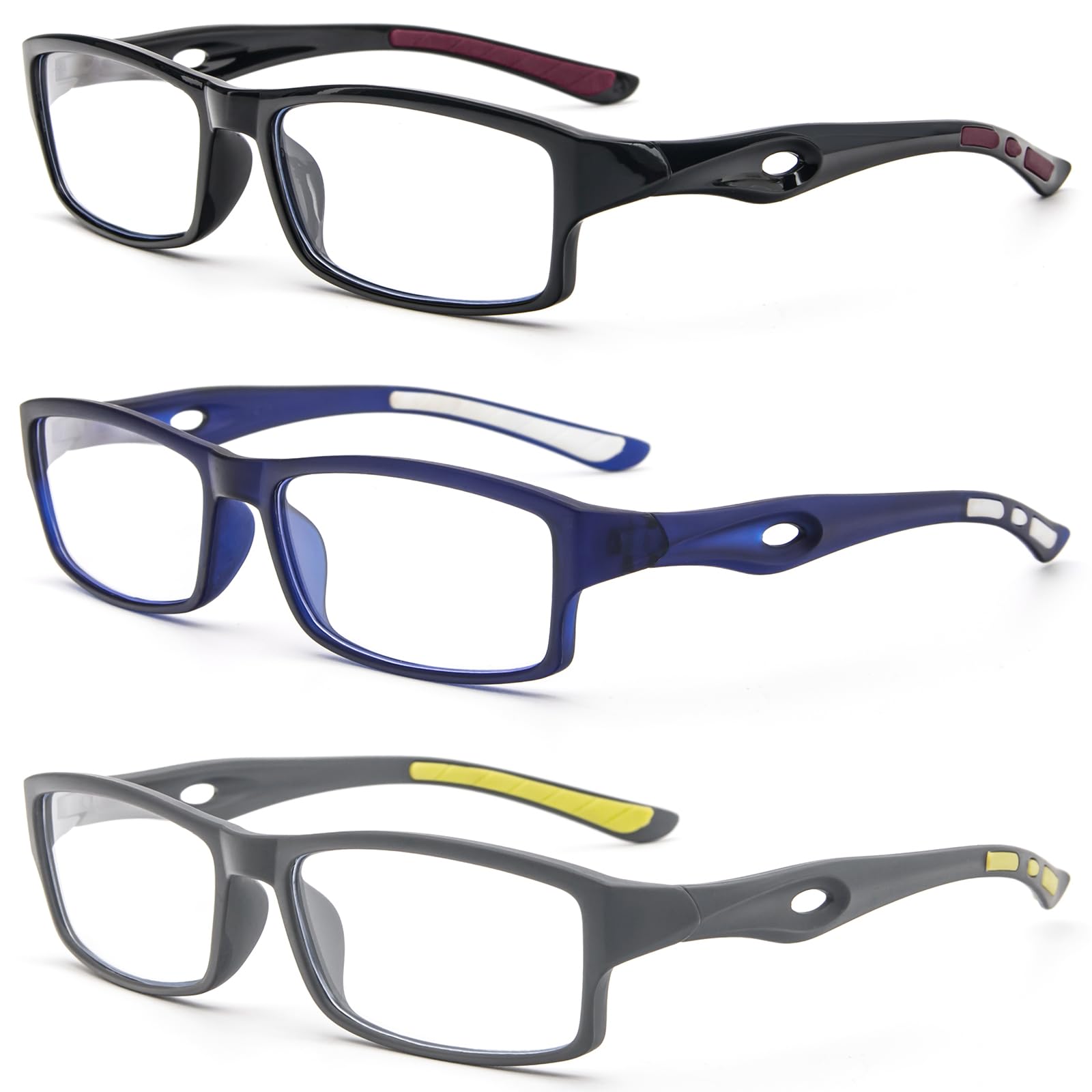 KoKoBin 3er pack Rechteck Lesebrille Sportliches Design TR90 flexible Anti-Blaulicht Lesehilfe Damen für Herren (3er-Pack (schwarz blau grau), 3, x)