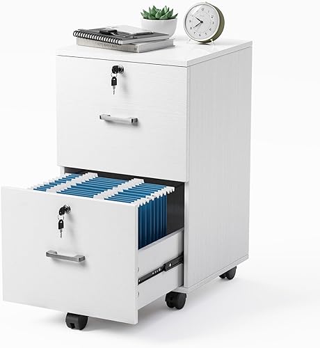 VINGLI Archivador de 2 cajones con cerradura, archivadores blancos con veta de madera para carpetas de archivos tamaño carta con pestañas,