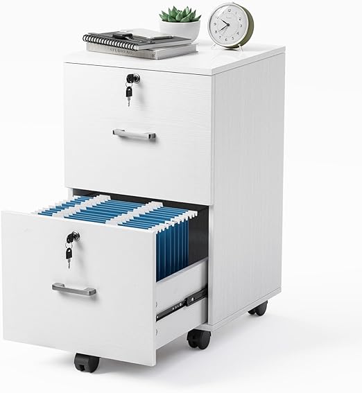 VINGLI 2 Drawer File Cabinet with Lock, Wood Grain White File Cabinets for Letter Size File Folders with Tabs, Mobile Under Desk Filing Cabinets for Home Office, Rolling Filing Cabinet Printer Stand